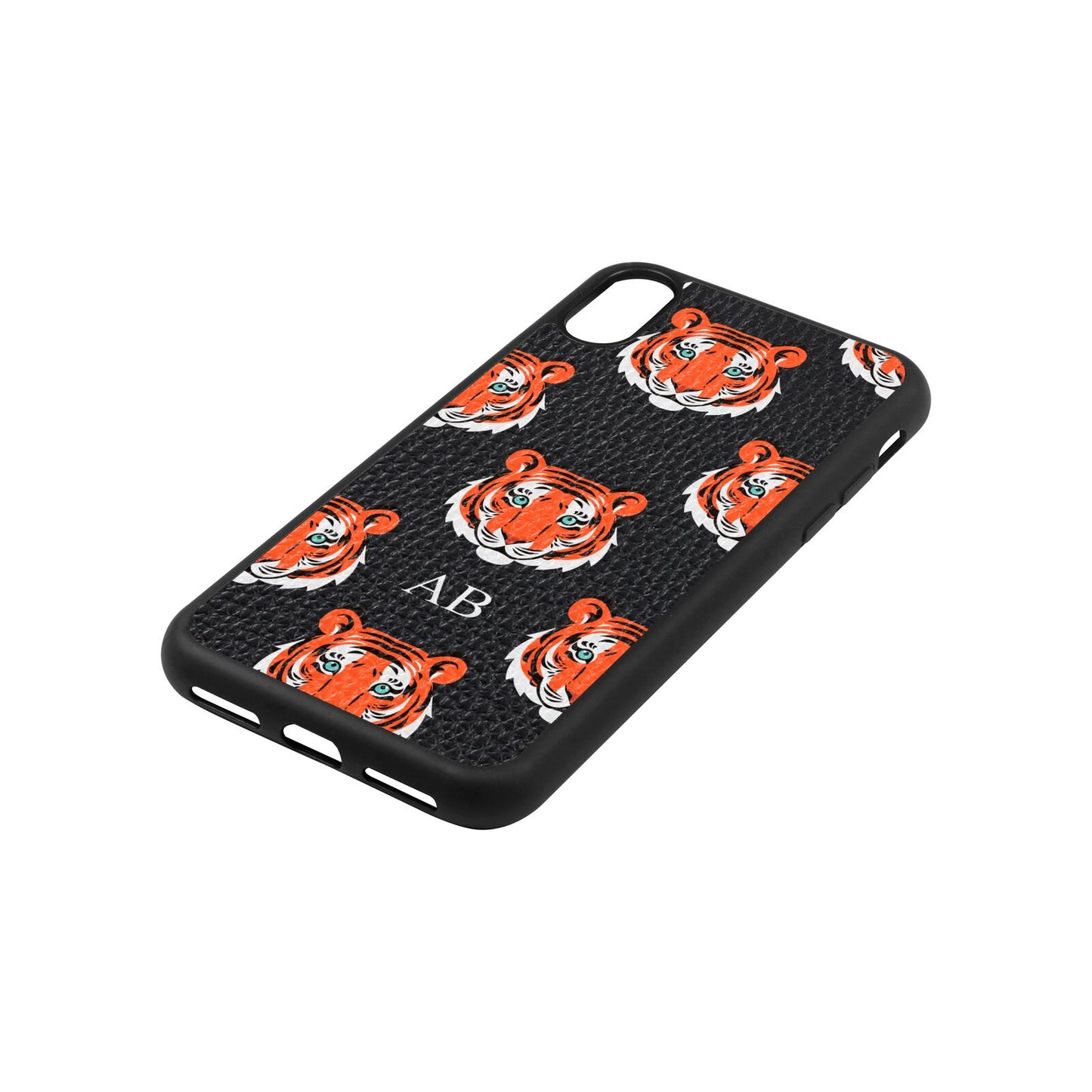 Personalised Tiger Head Black Pebble Leather iPhone Xs Case Side Angle