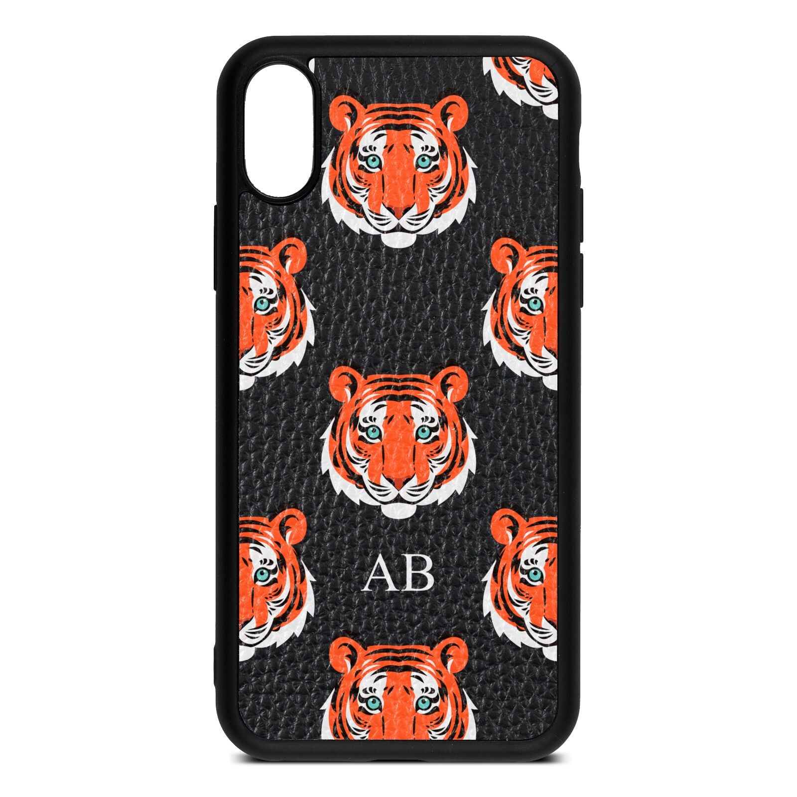 Personalised Tiger Head Black Pebble Leather iPhone Xs Case