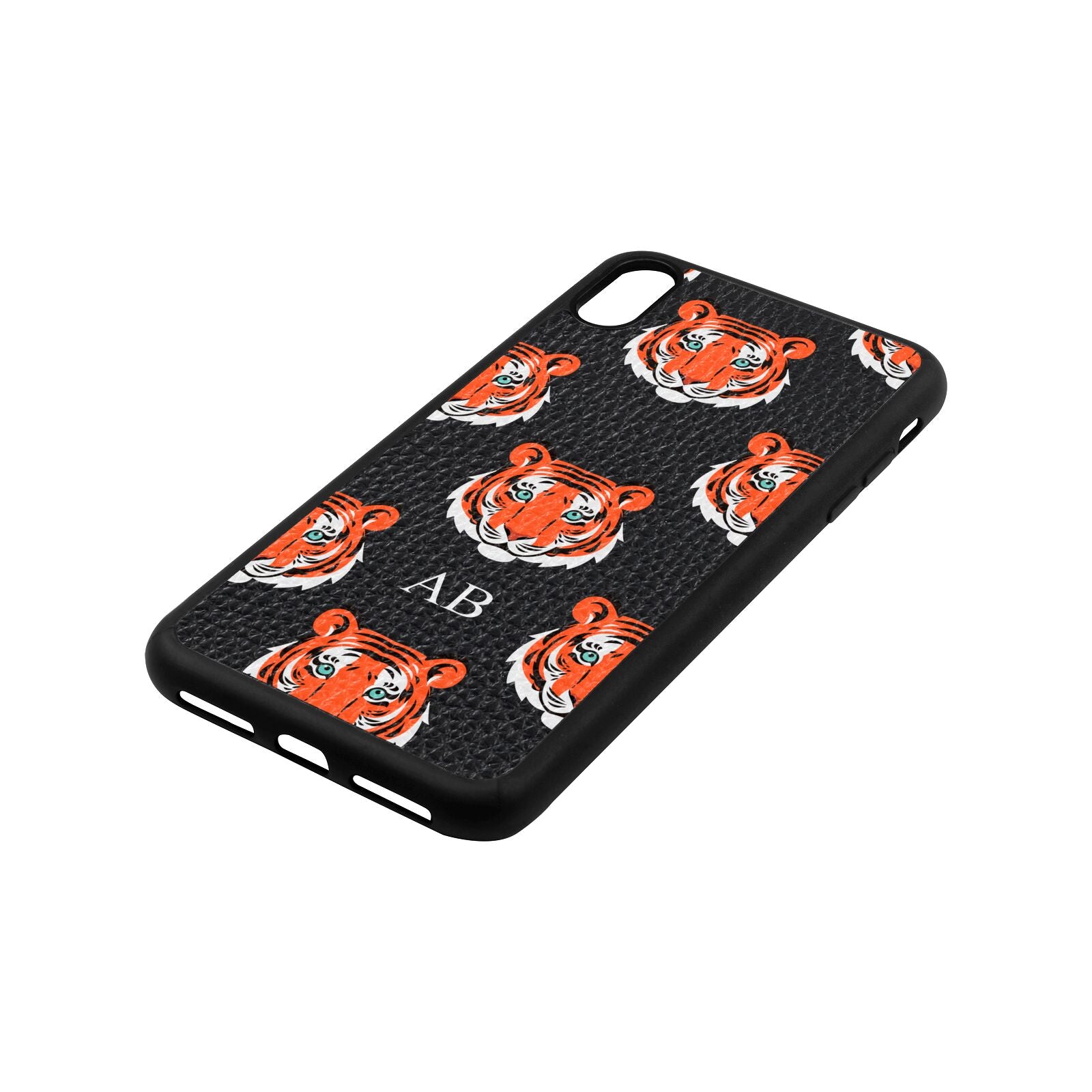 Personalised Tiger Head Black Pebble Leather iPhone Xs Max Case Side Angle
