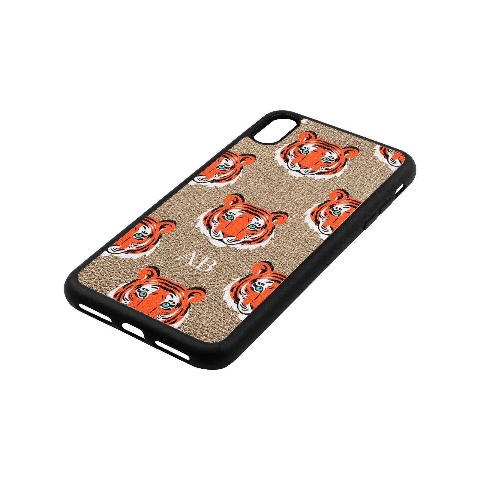 Personalised Tiger Head Gold Pebble Leather iPhone Xs Max Case Side Angle