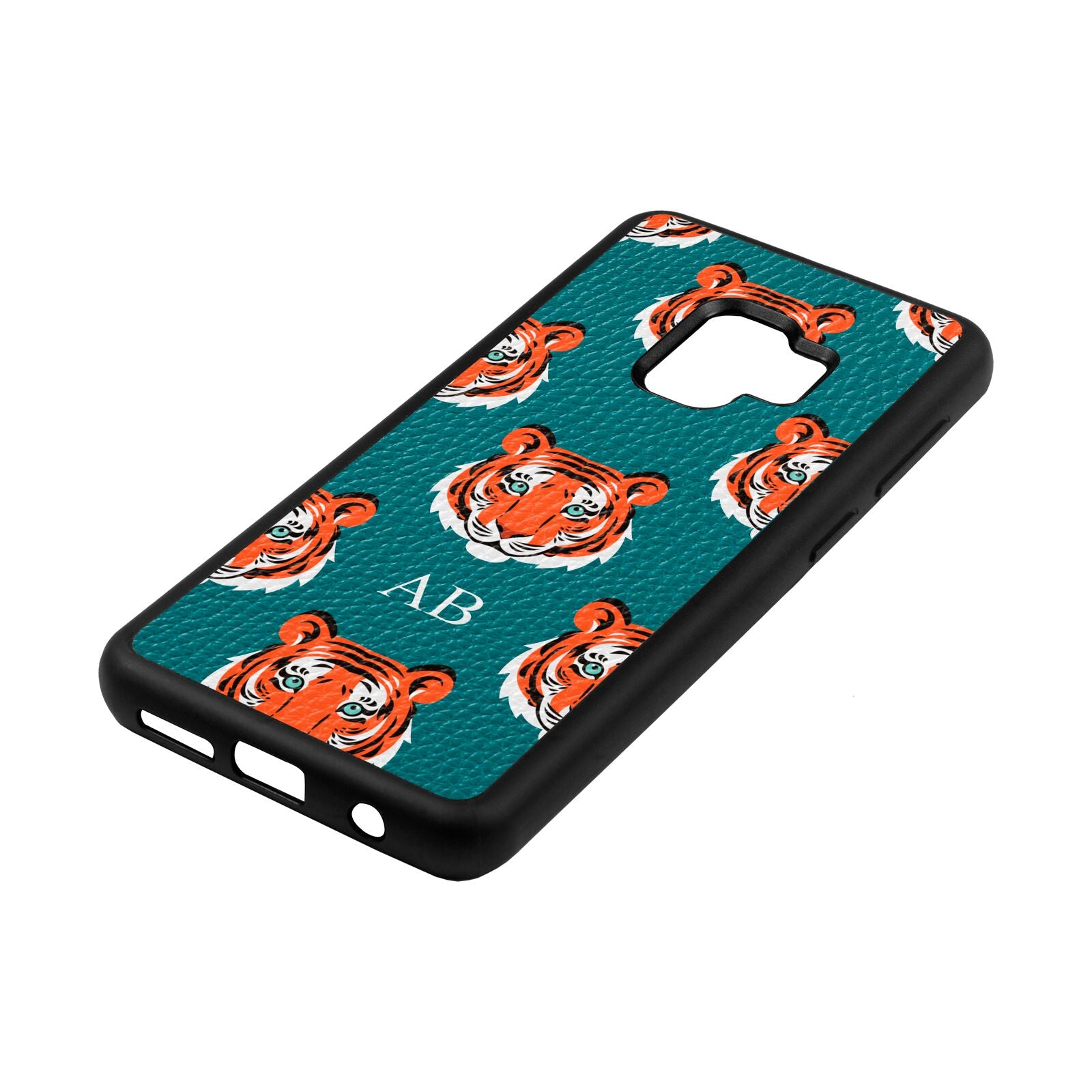 Personalised Tiger Head Green Pebble Leather Samsung S9 Case Side Angle