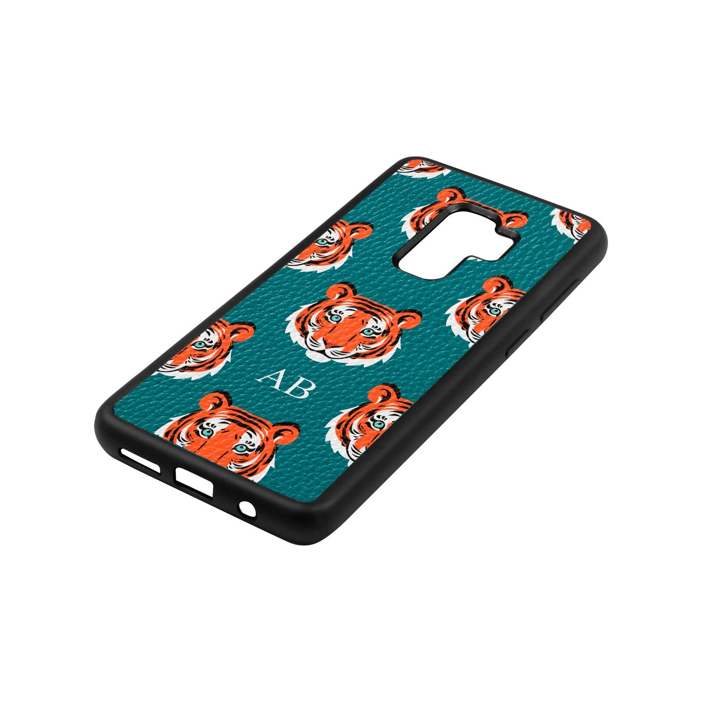 Personalised Tiger Head Green Pebble Leather Samsung S9 Plus Case Side Angle