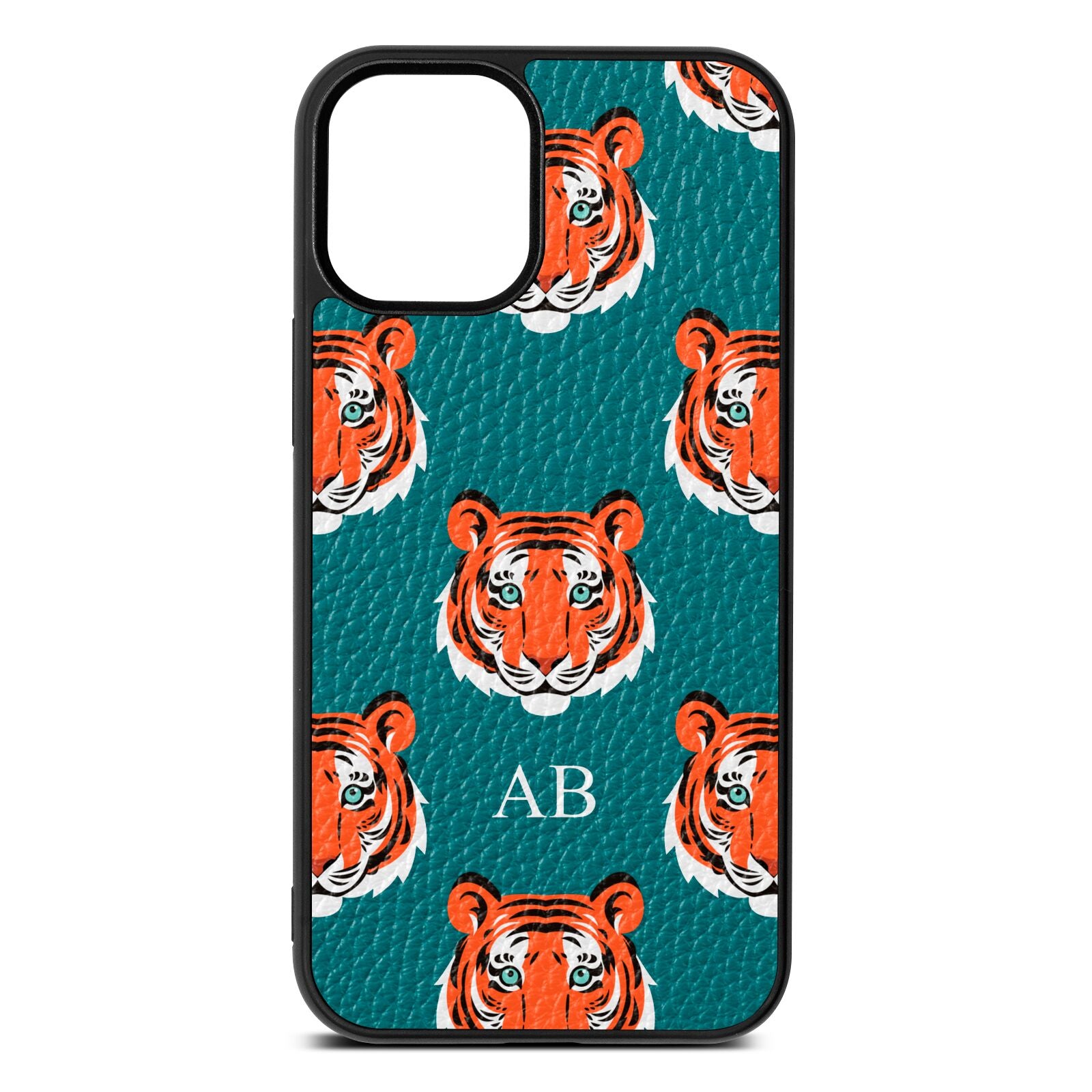 Personalised Tiger Head Green Pebble Leather iPhone 12 Mini Case