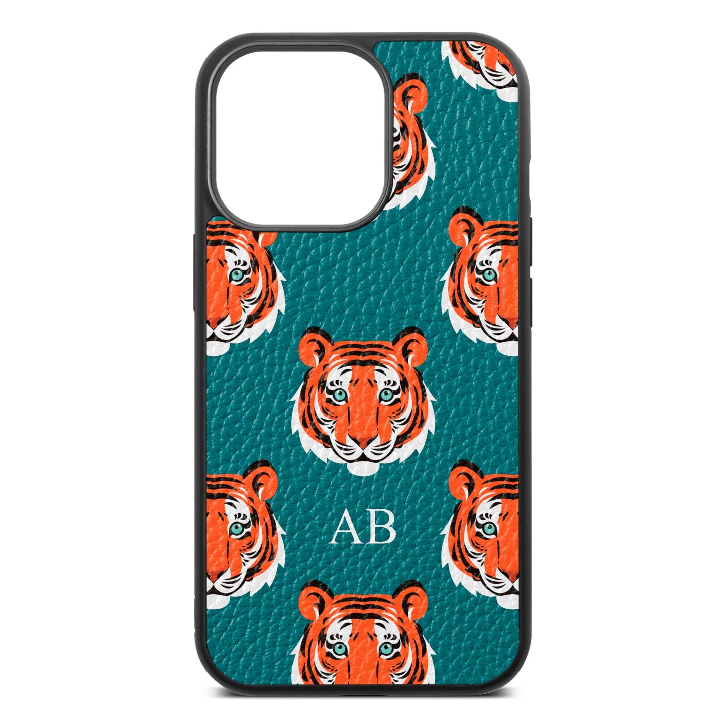 Personalised Tiger Head Green Pebble Leather iPhone 13 Pro Case