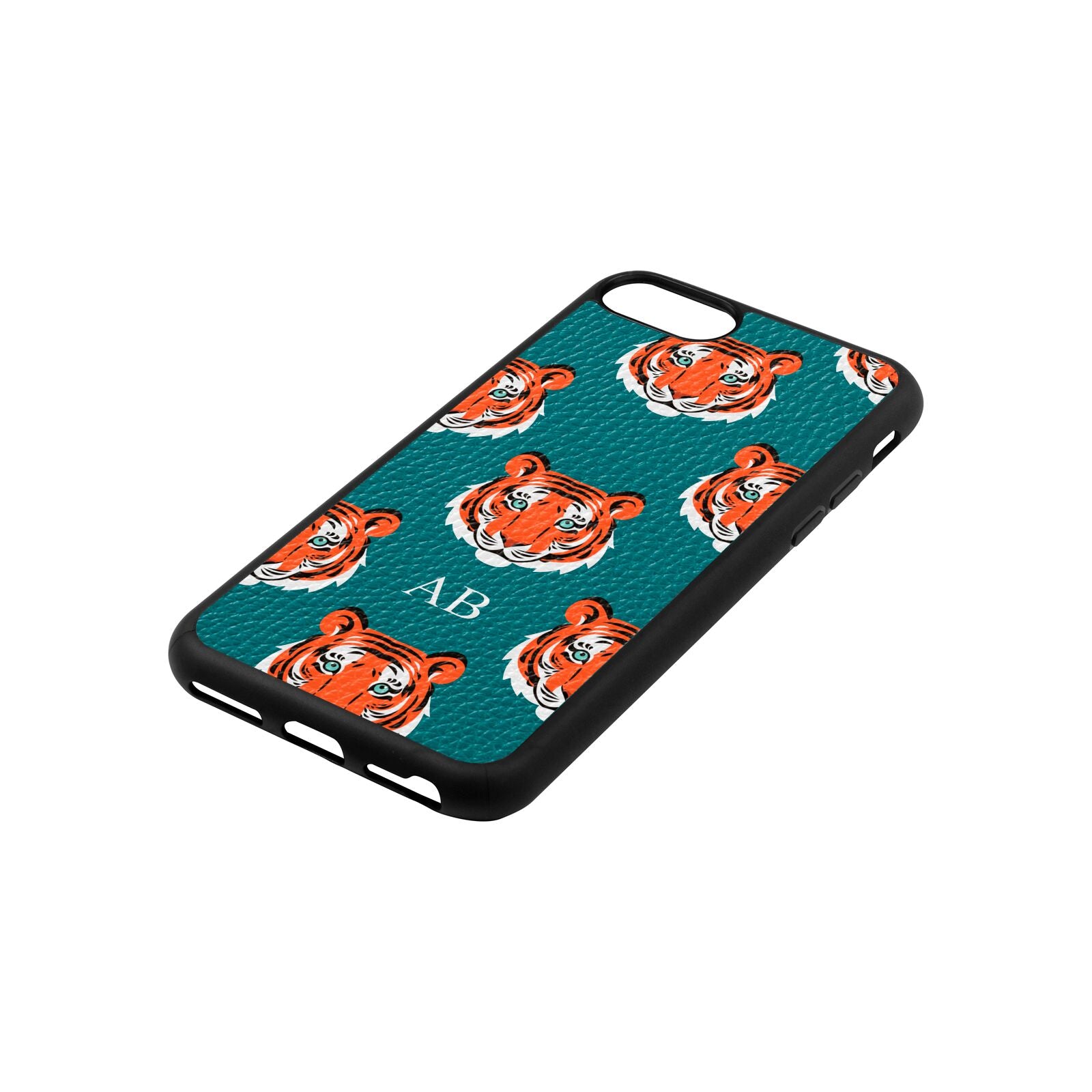 Personalised Tiger Head Green Pebble Leather iPhone 8 Case Side Angle