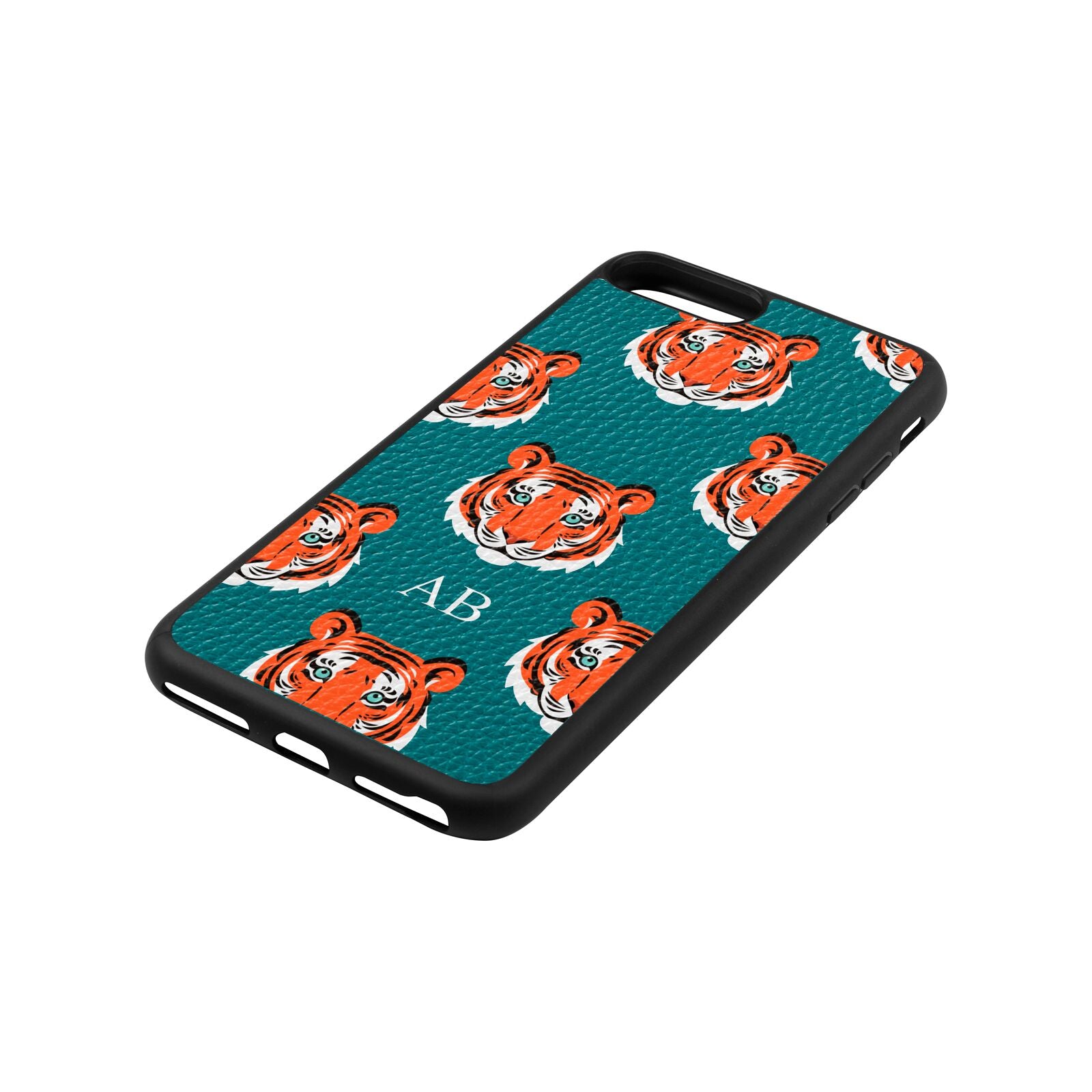 Personalised Tiger Head Green Pebble Leather iPhone 8 Plus Case Side Angle