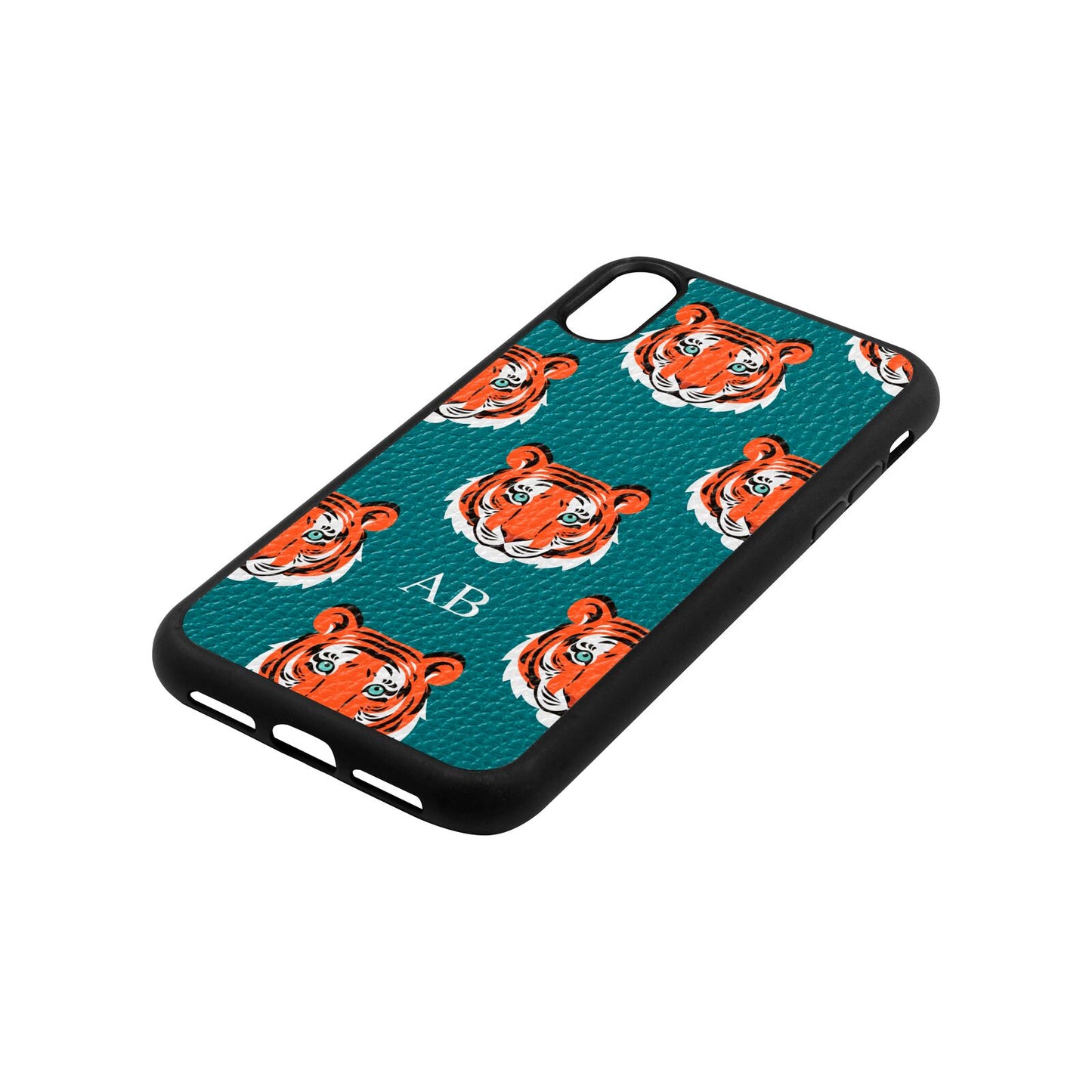 Personalised Tiger Head Green Pebble Leather iPhone Xr Case Side Angle