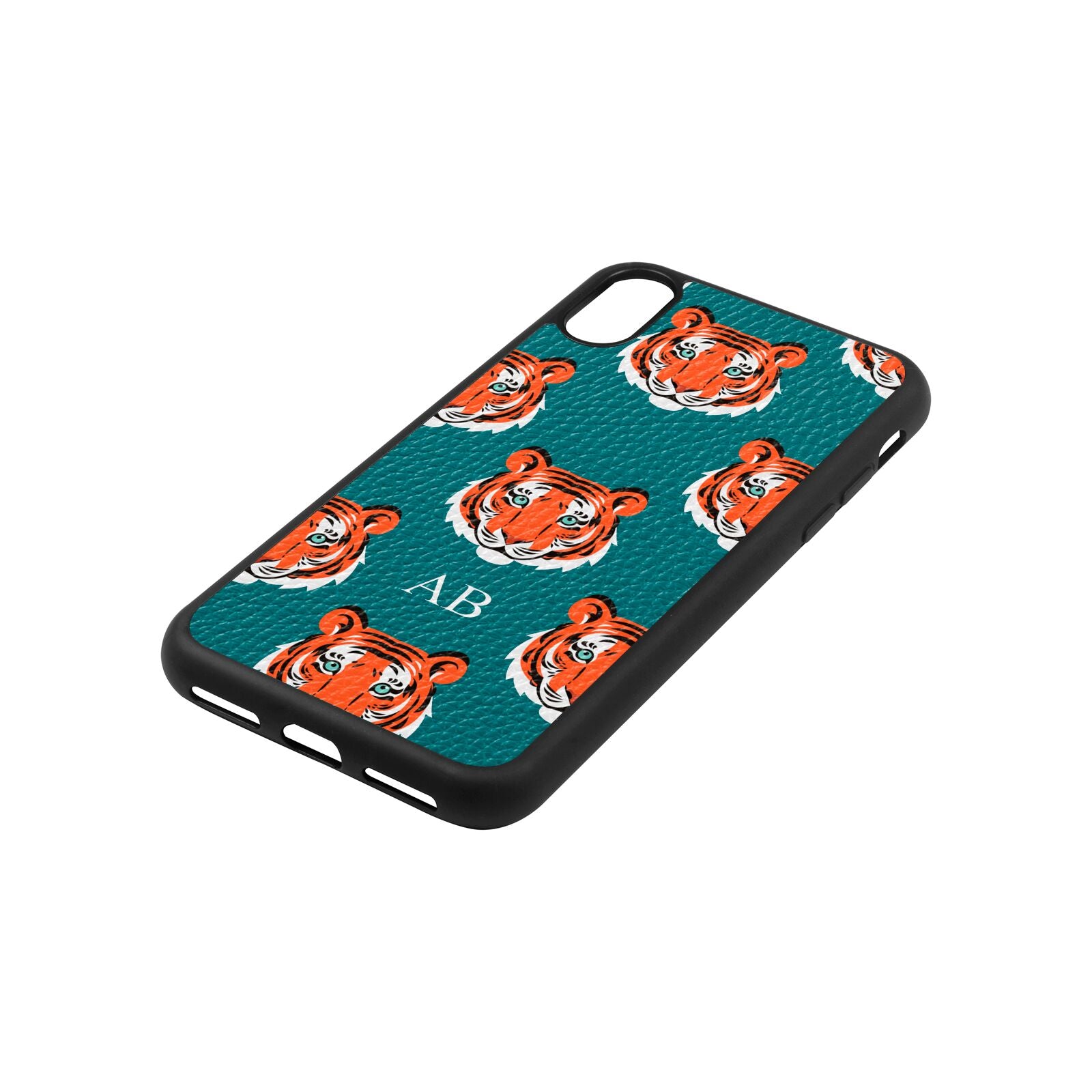 Personalised Tiger Head Green Pebble Leather iPhone Xs Case Side Angle