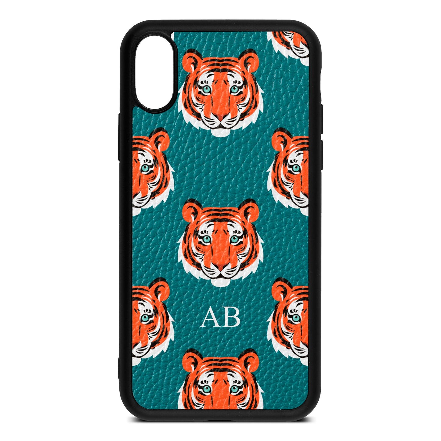 Personalised Tiger Head Green Pebble Leather iPhone Xs Case