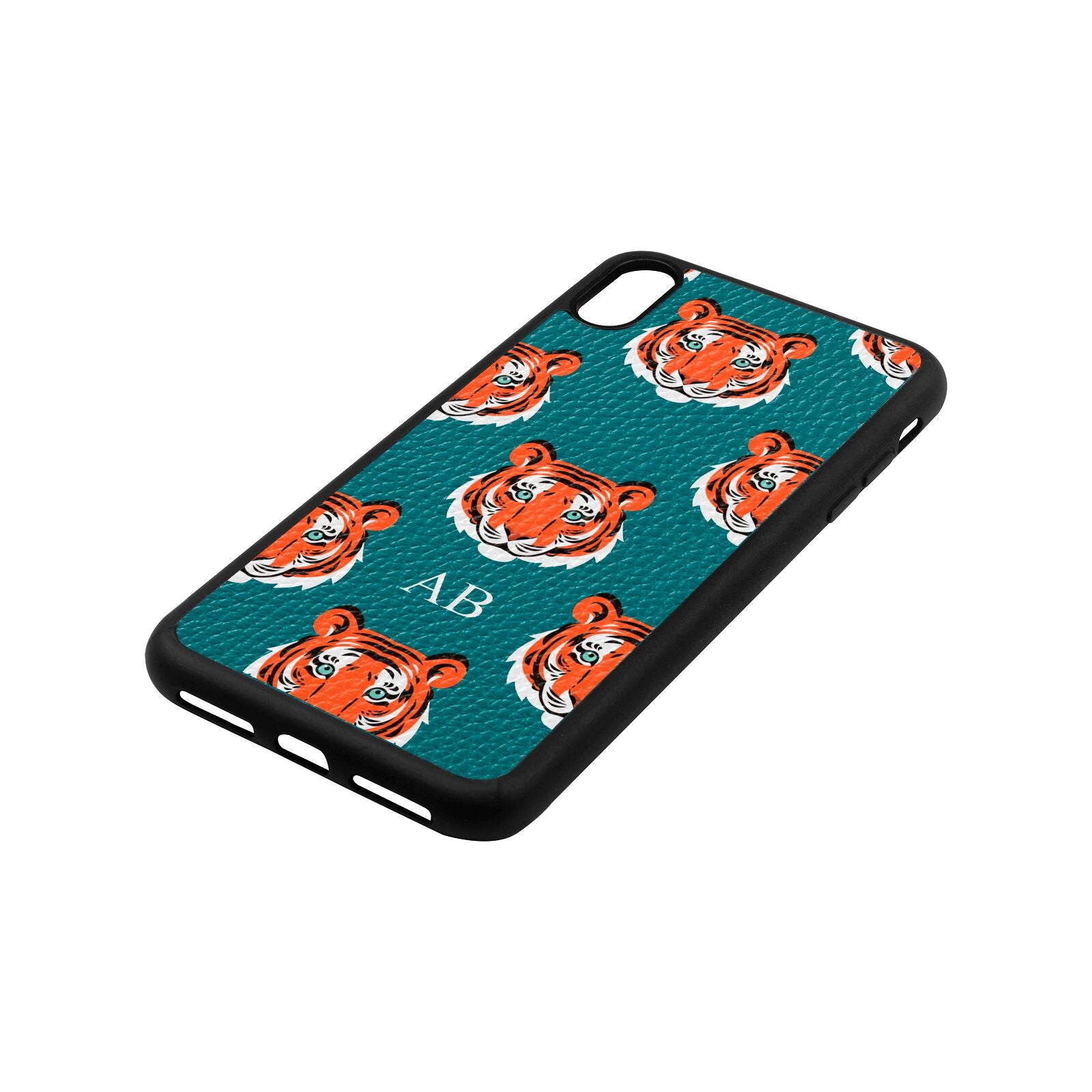 Personalised Tiger Head Green Pebble Leather iPhone Xs Max Case Side Angle