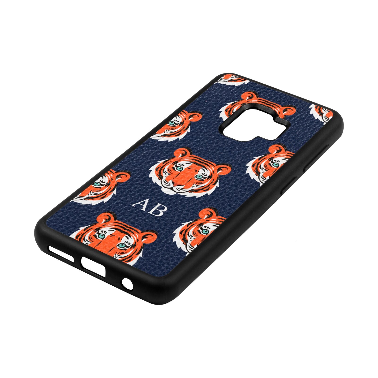 Personalised Tiger Head Navy Blue Pebble Leather Samsung S9 Case Side Angle