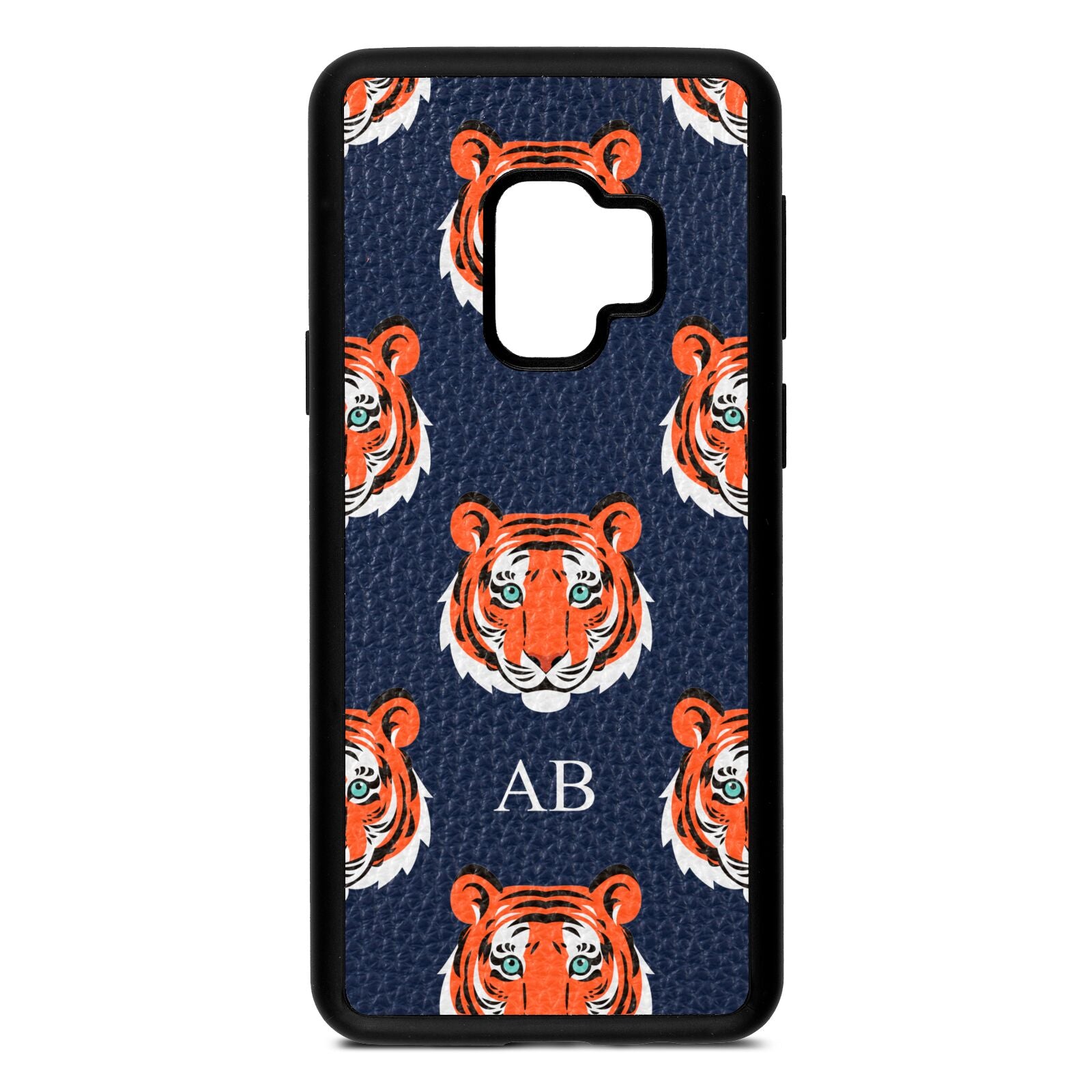 Personalised Tiger Head Navy Blue Pebble Leather Samsung S9 Case