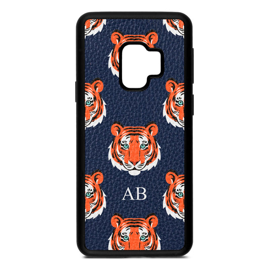 Personalised Tiger Head Navy Blue Pebble Leather Samsung S9 Case