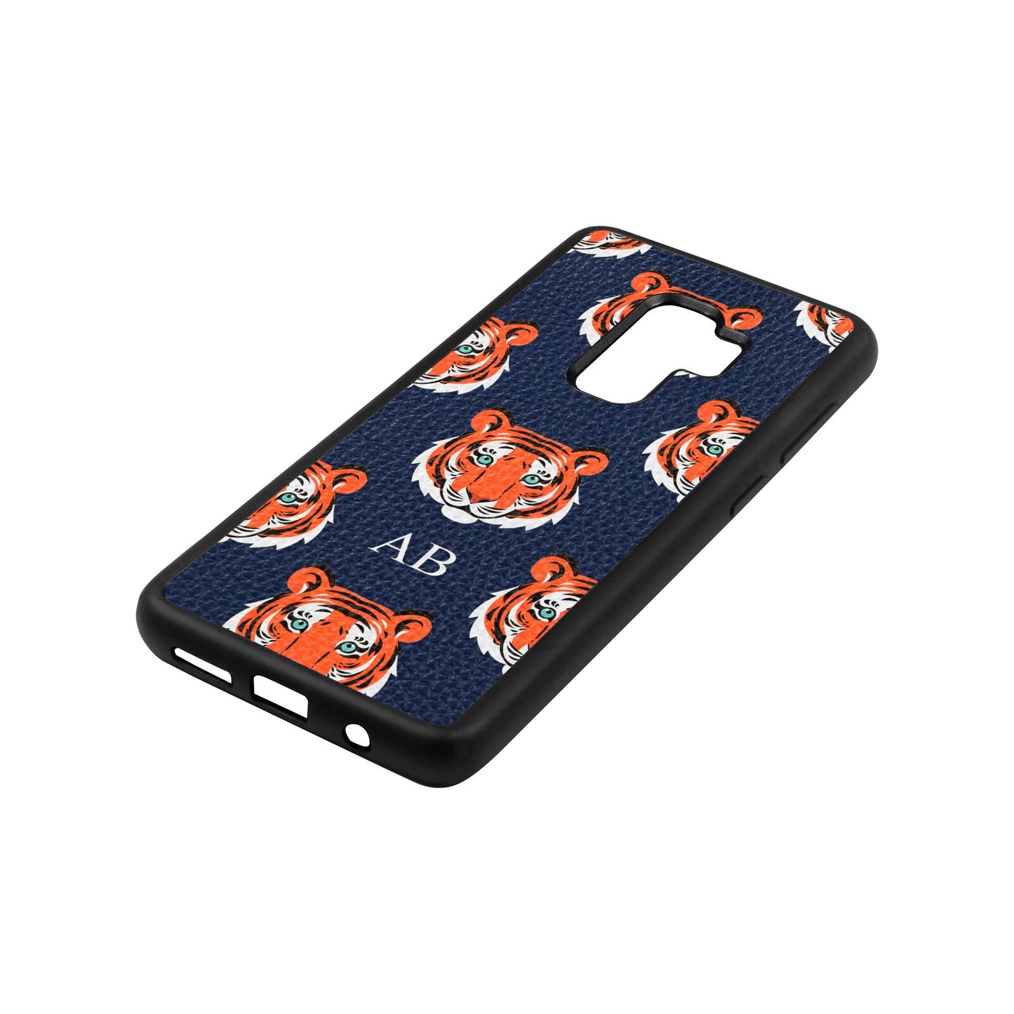 Personalised Tiger Head Navy Blue Pebble Leather Samsung S9 Plus Case Side Angle