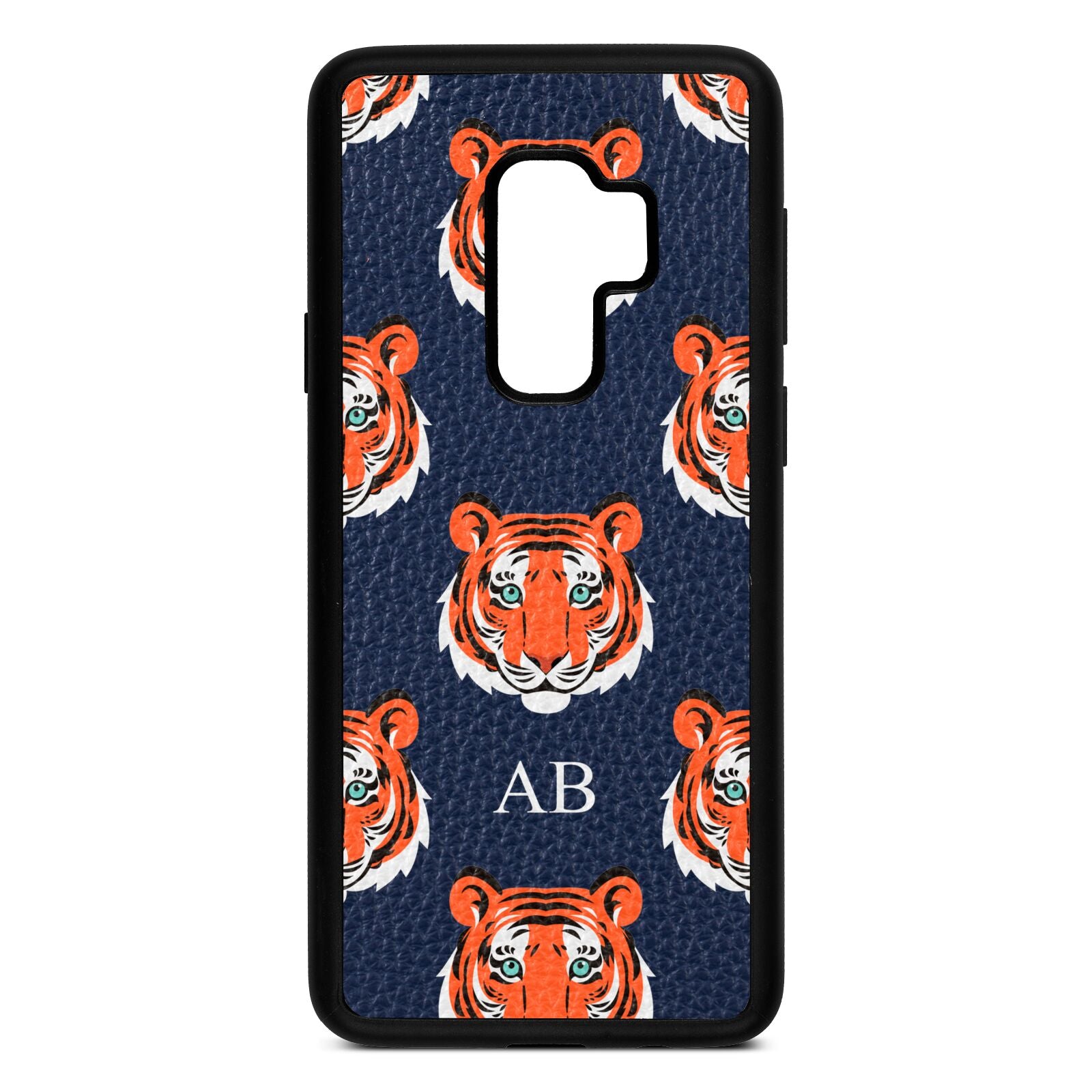 Personalised Tiger Head Navy Blue Pebble Leather Samsung S9 Plus Case