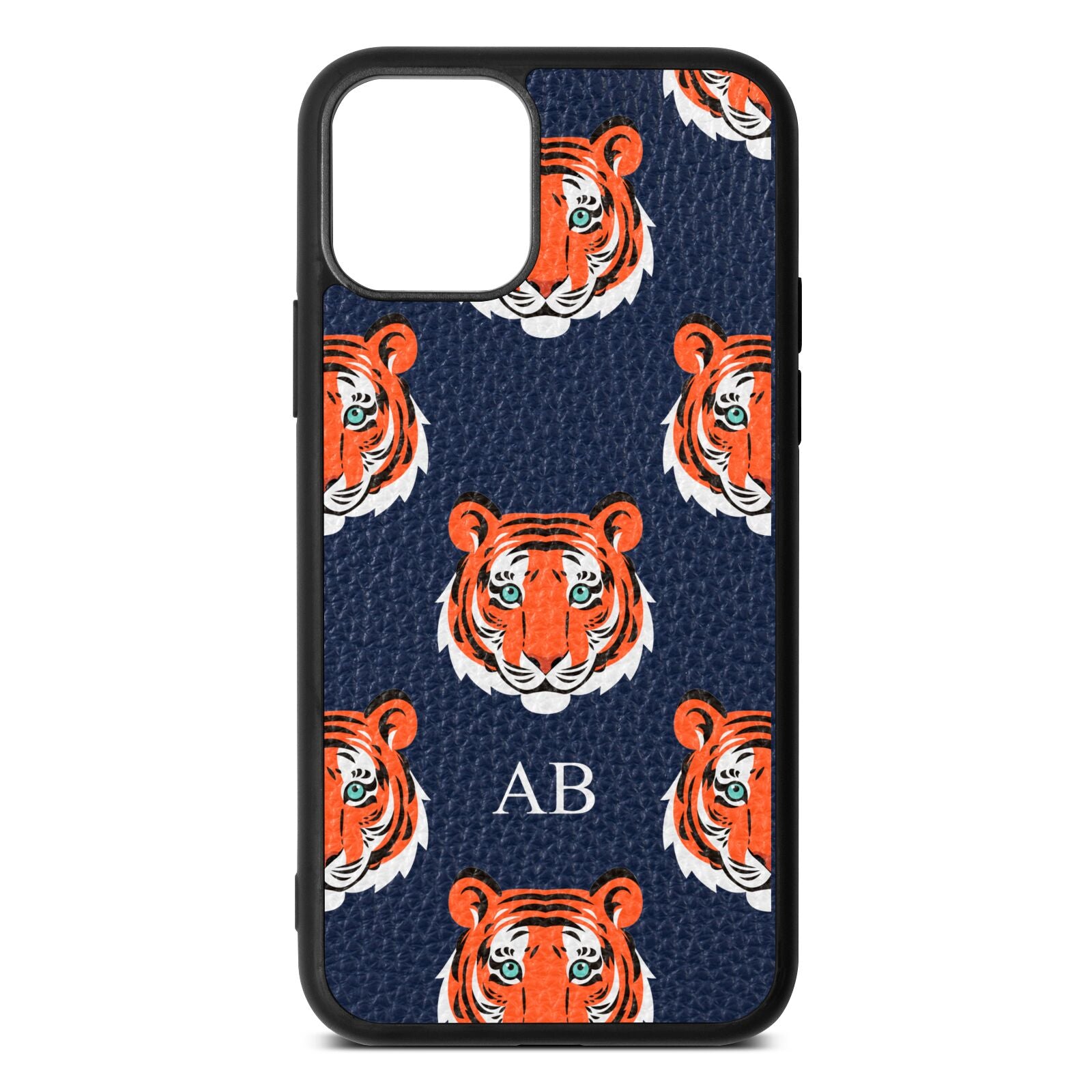 Personalised Tiger Head Navy Blue Pebble Leather iPhone 11 Case