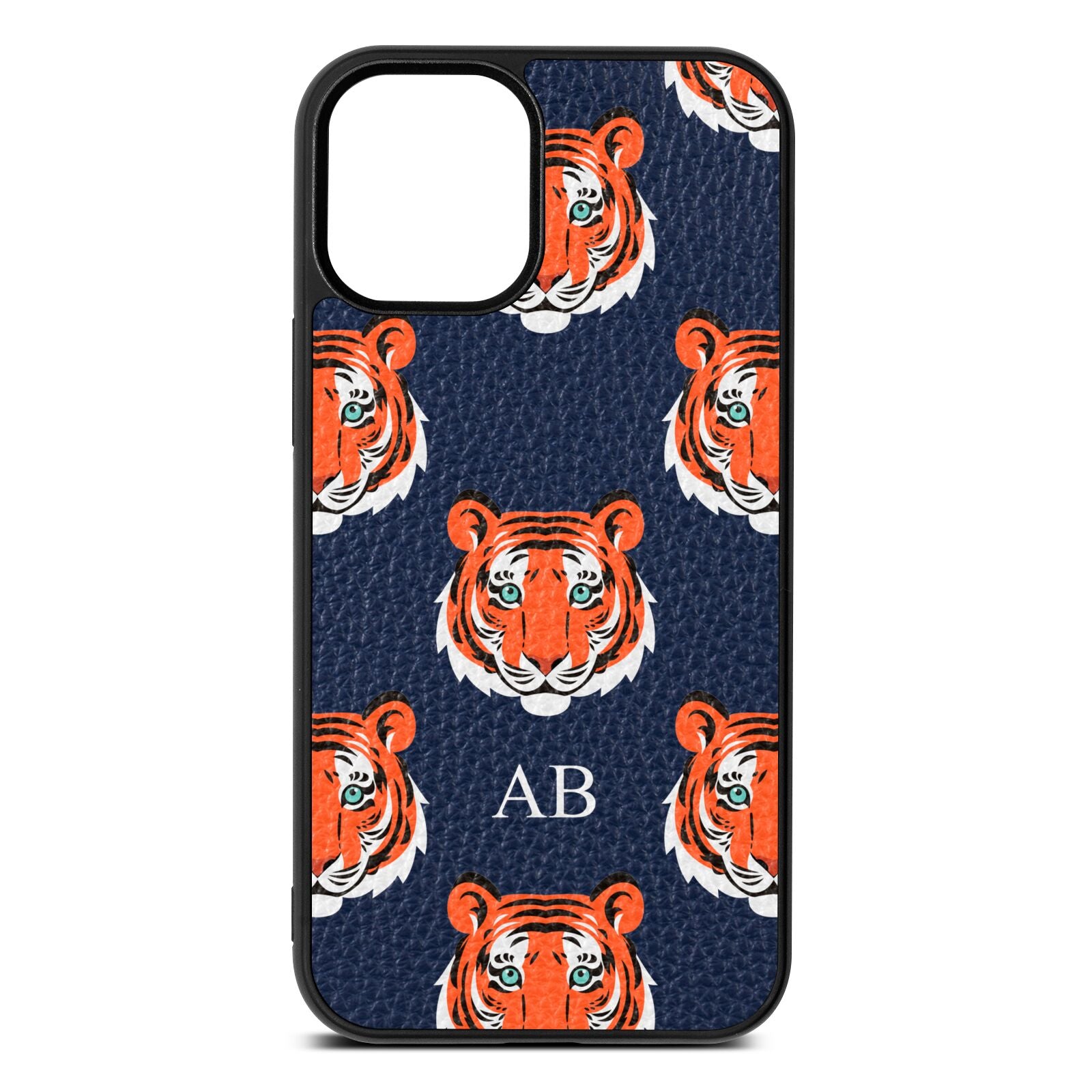 Personalised Tiger Head Navy Blue Pebble Leather iPhone 12 Mini Case