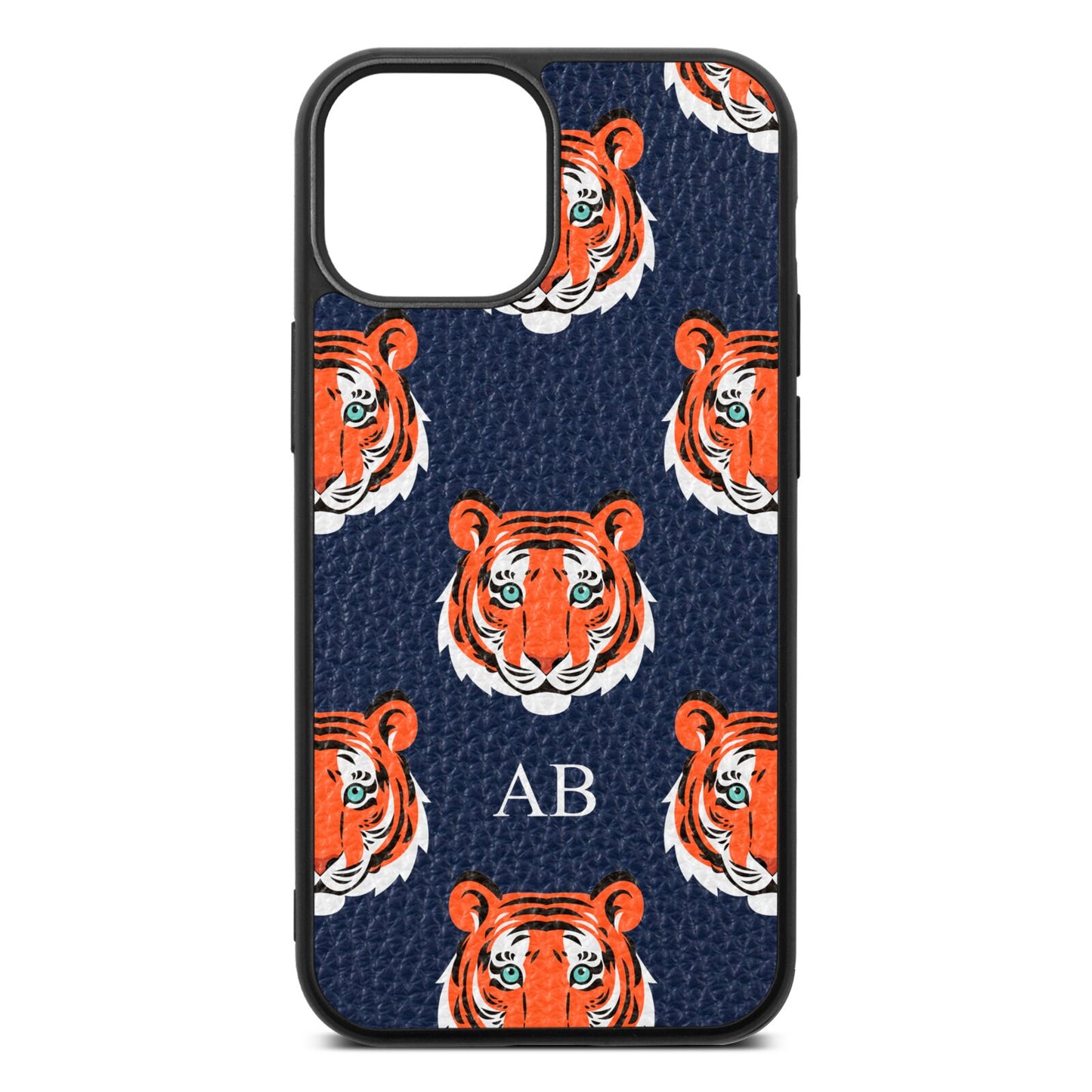 Personalised Tiger Head Navy Blue Pebble Leather iPhone 13 Mini Case