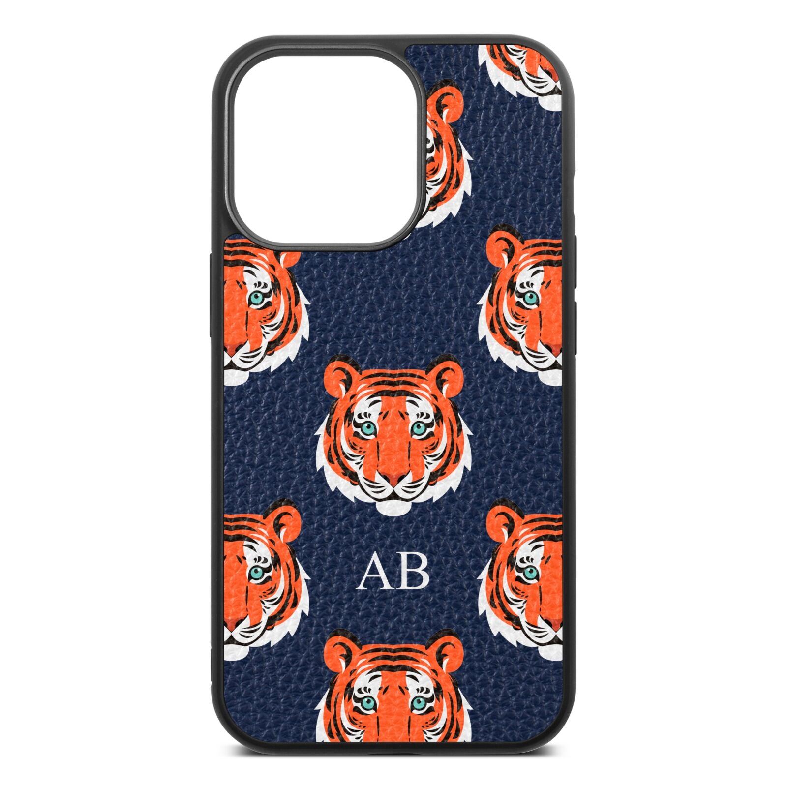 Personalised Tiger Head Navy Blue Pebble Leather iPhone 13 Pro Case