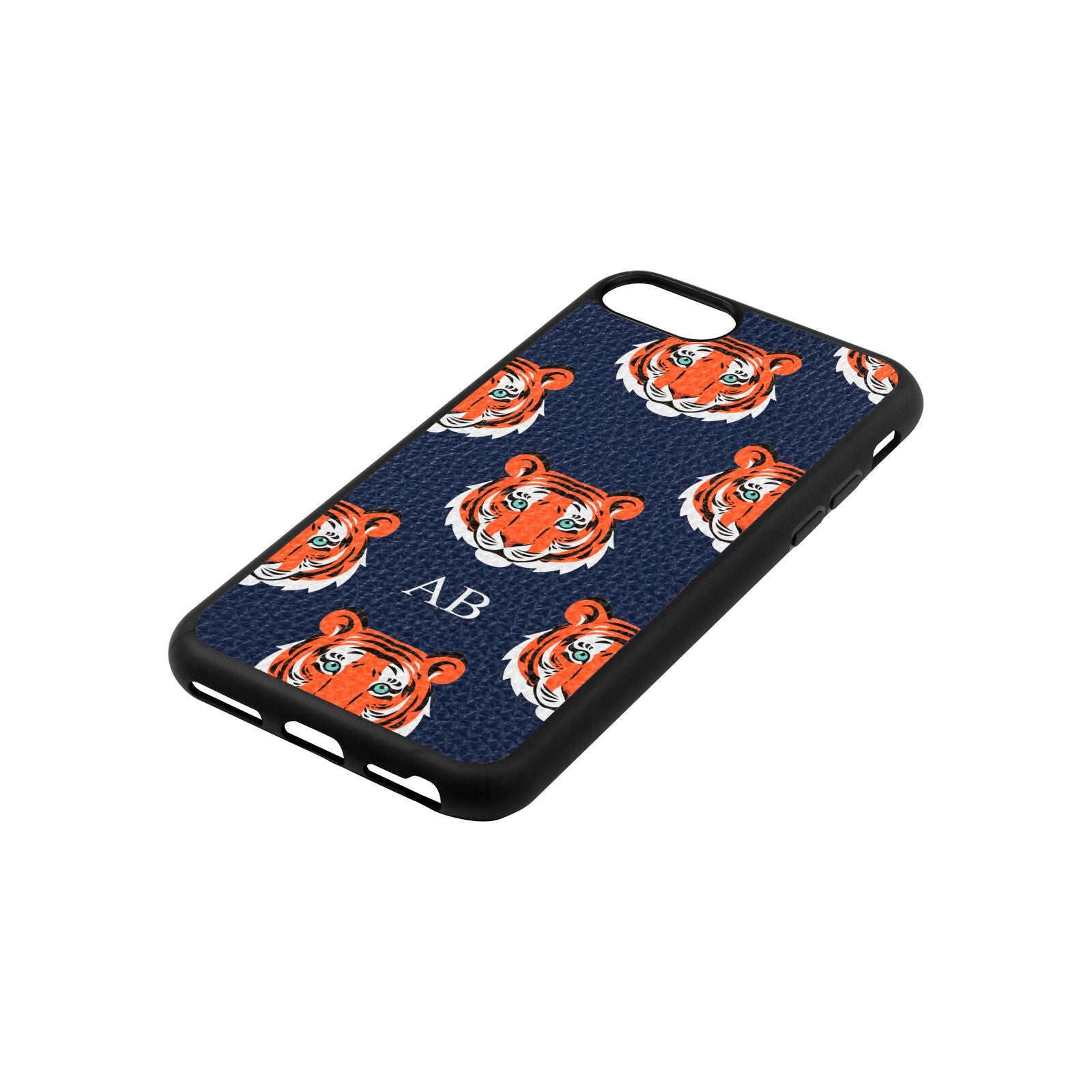 Personalised Tiger Head Navy Blue Pebble Leather iPhone 8 Case Side Angle