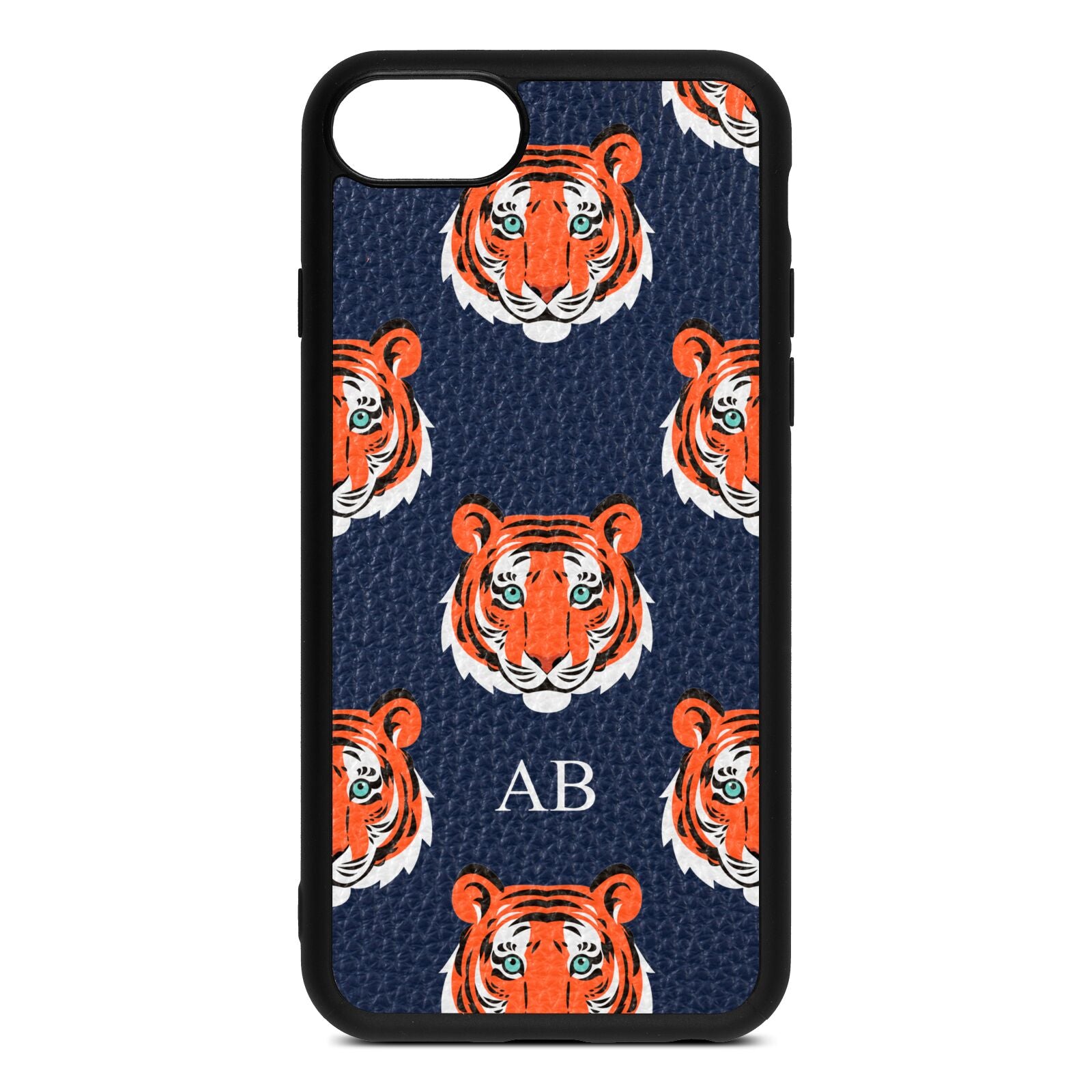 Personalised Tiger Head Navy Blue Pebble Leather iPhone 8 Case