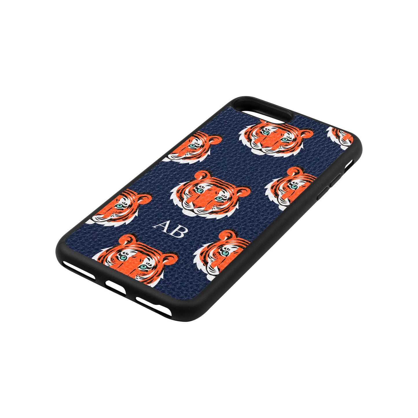 Personalised Tiger Head Navy Blue Pebble Leather iPhone 8 Plus Case Side Angle