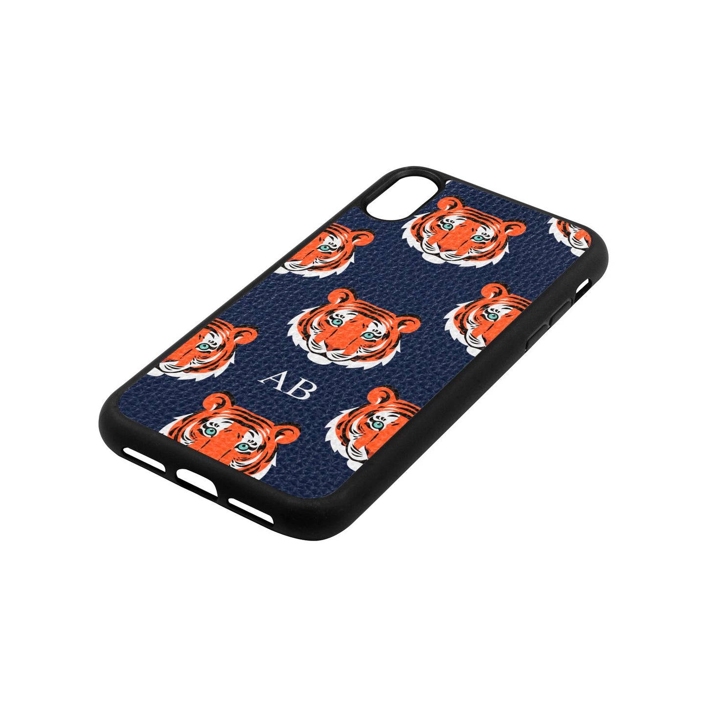 Personalised Tiger Head Navy Blue Pebble Leather iPhone Xr Case Side Angle