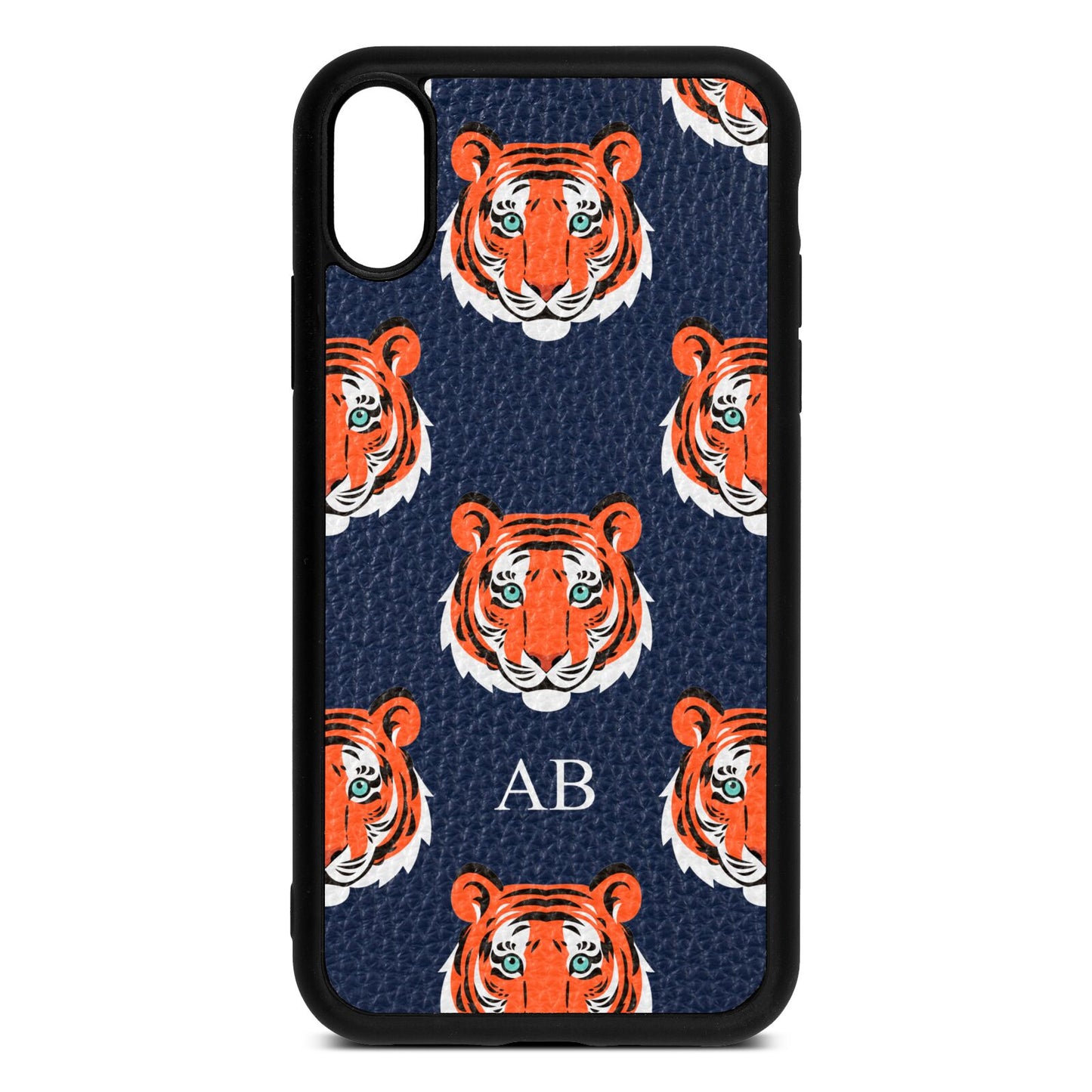 Personalised Tiger Head Navy Blue Pebble Leather iPhone Xr Case