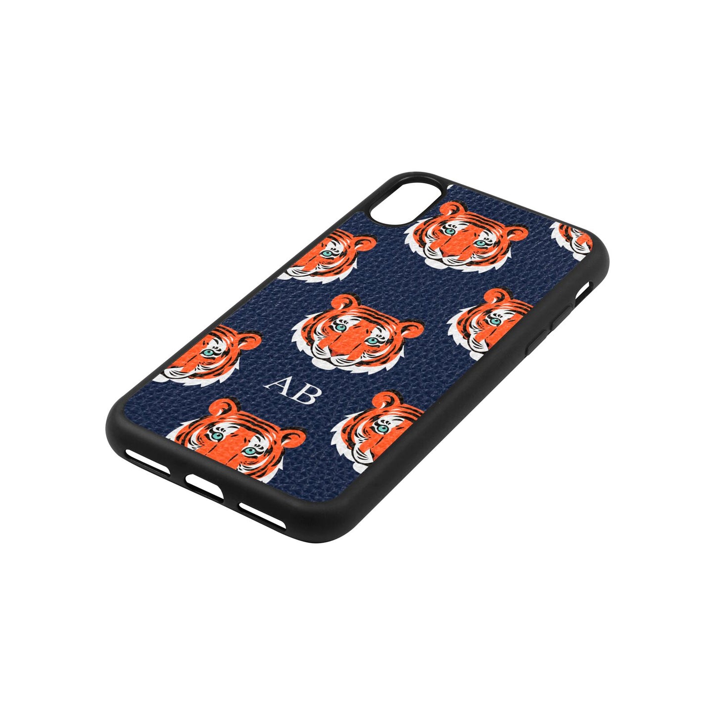 Personalised Tiger Head Navy Blue Pebble Leather iPhone Xs Case Side Image