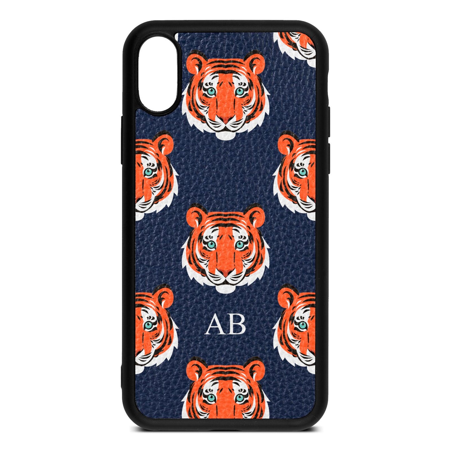 Personalised Tiger Head Navy Blue Pebble Leather iPhone Xs Case