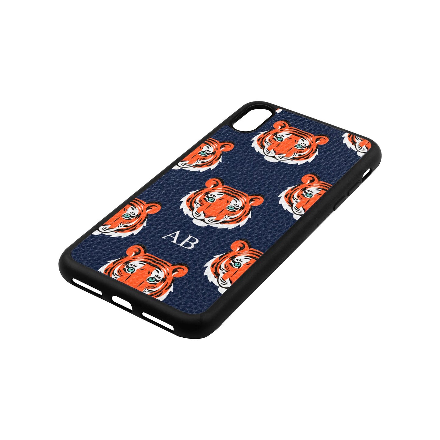 Personalised Tiger Head Navy Blue Pebble Leather iPhone Xs Max Case Side Image