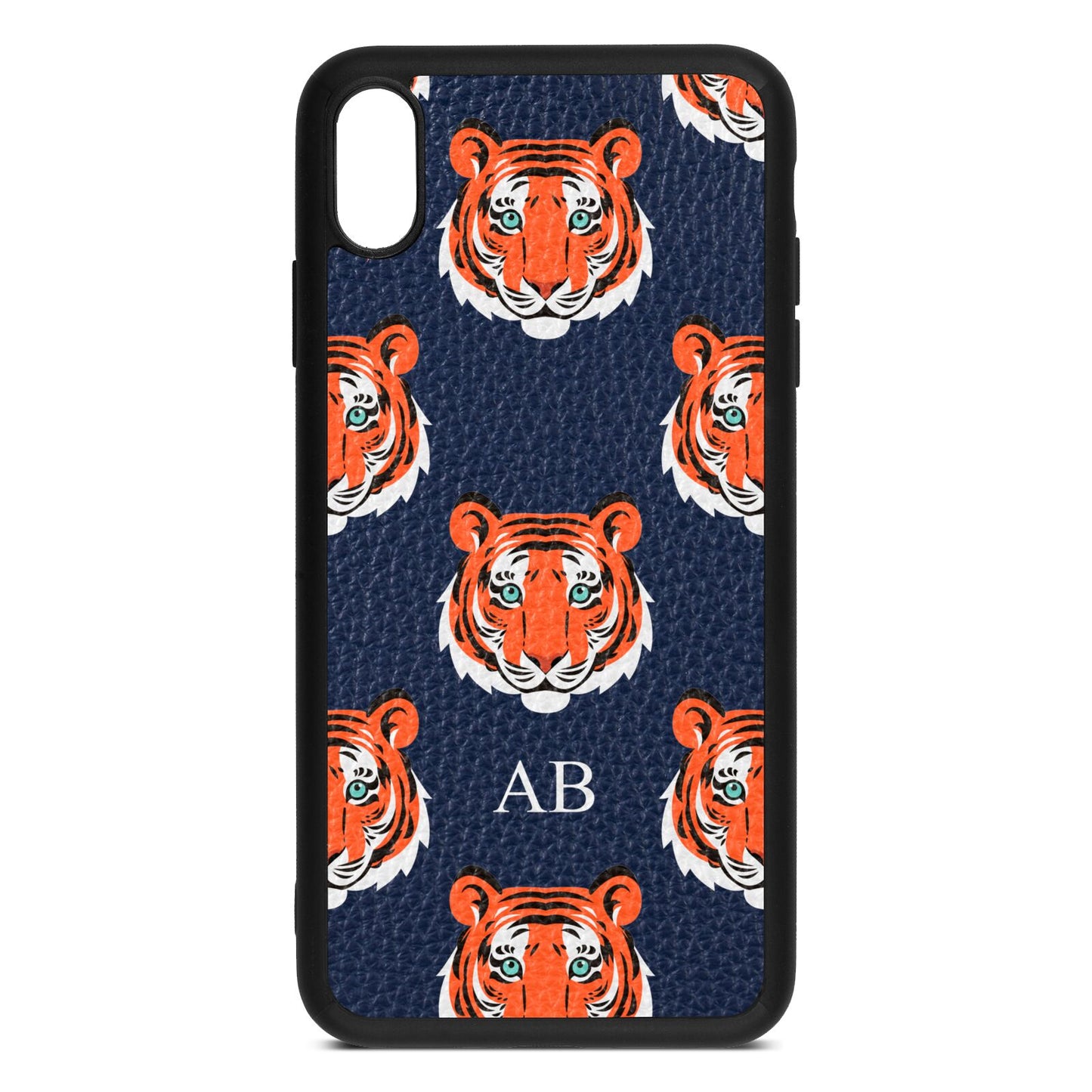 Personalised Tiger Head Navy Blue Pebble Leather iPhone Xs Max Case