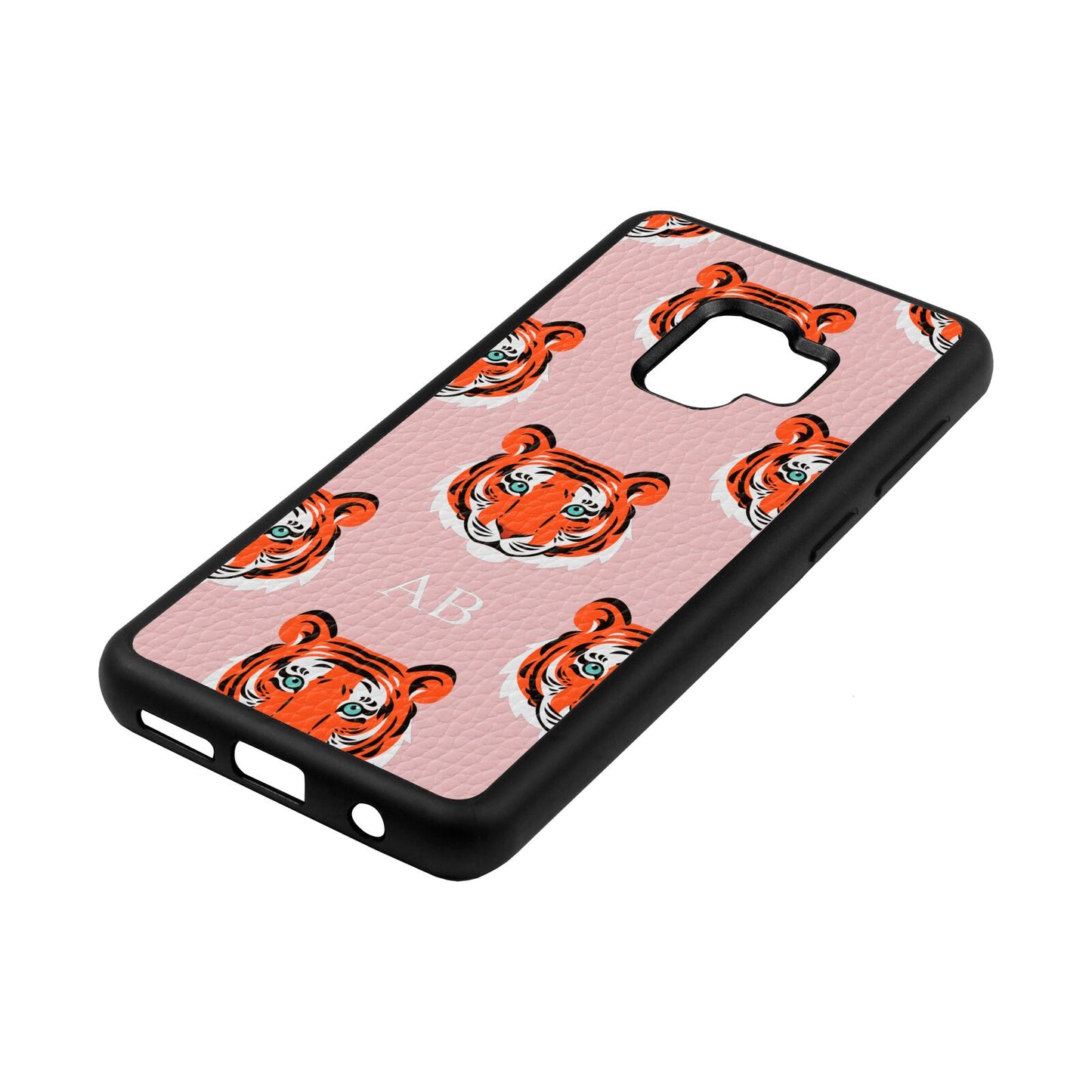 Personalised Tiger Head Pink Pebble Leather Samsung S9 Case Side Angle