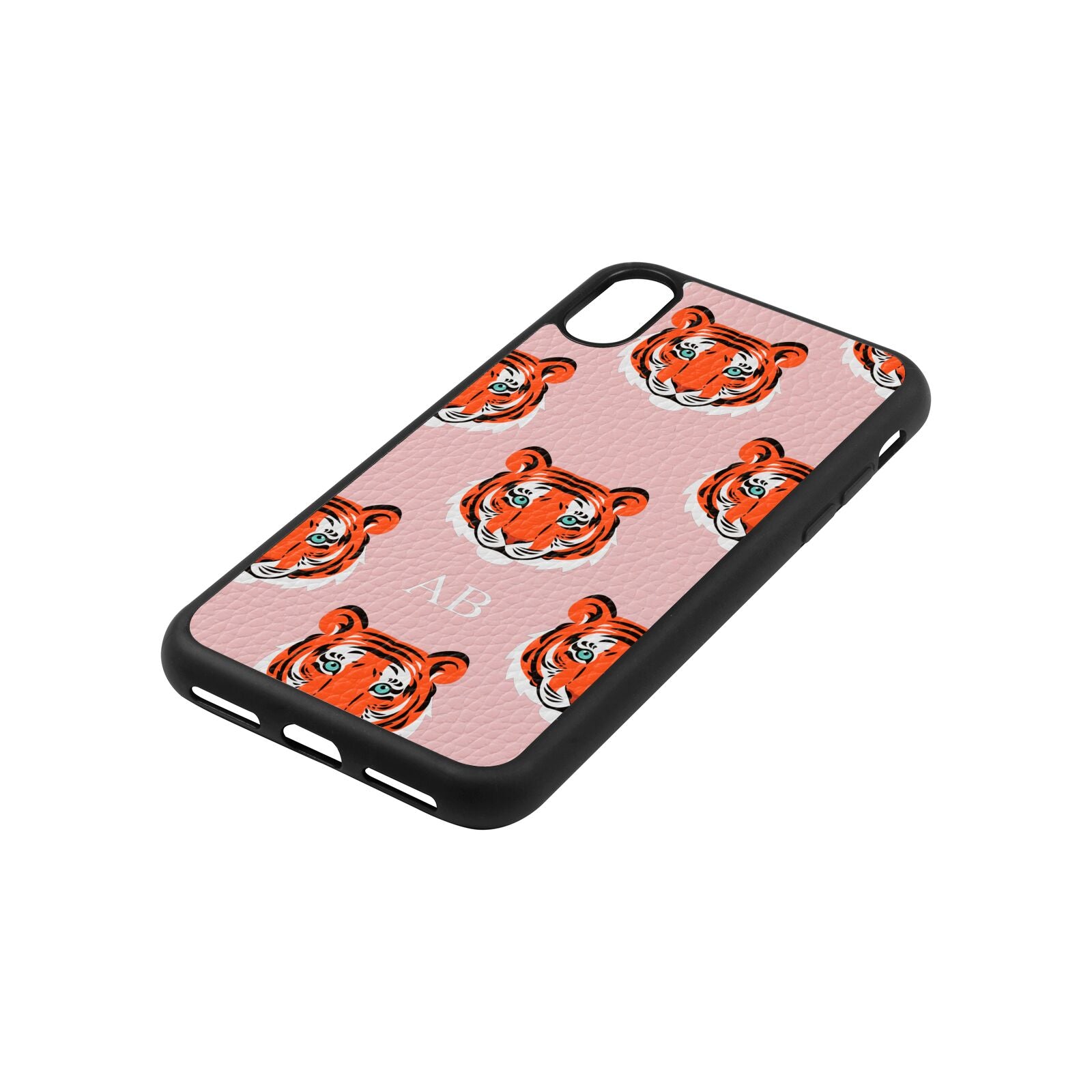 Personalised Tiger Head Pink Pebble Leather iPhone Xs Case Side Angle