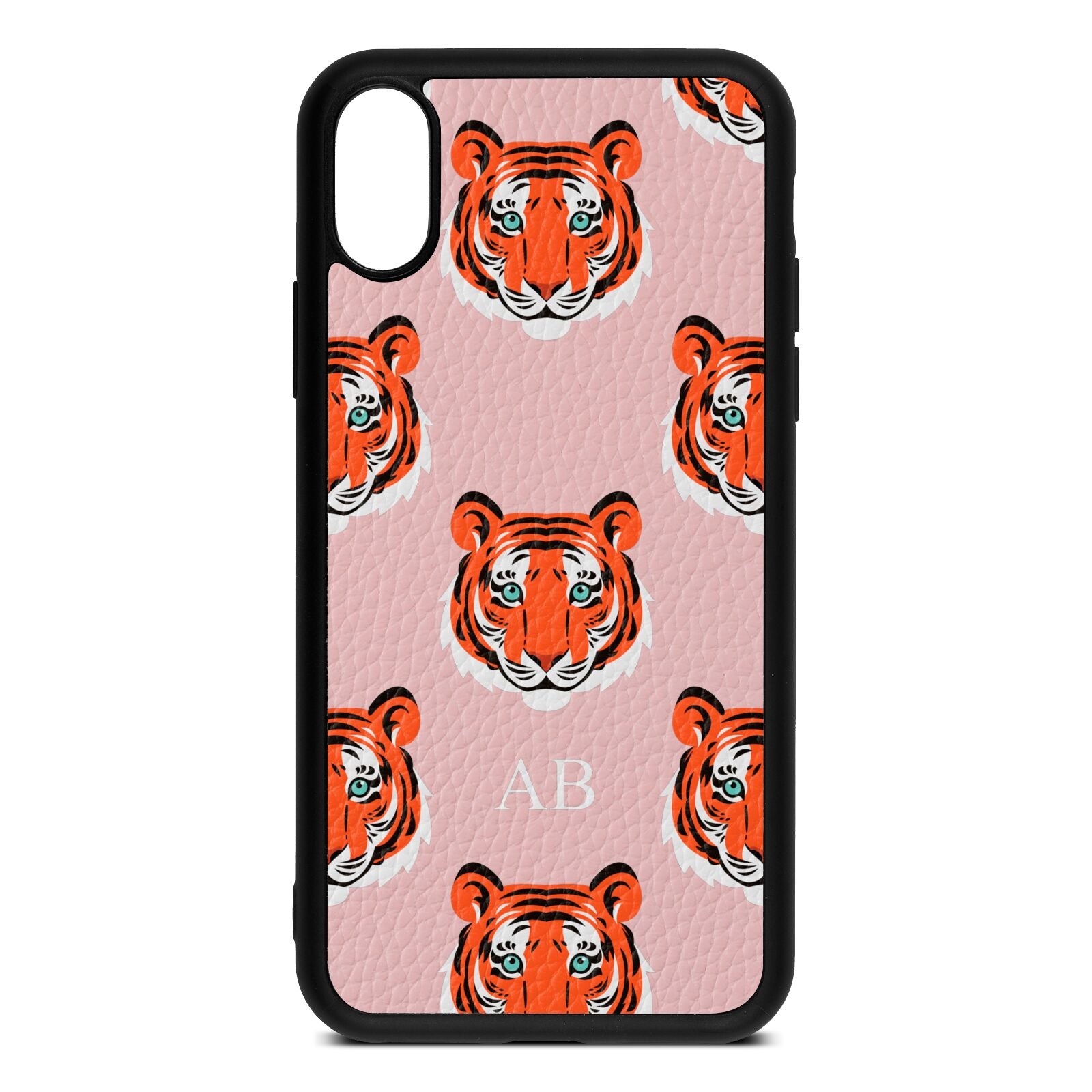 Personalised Tiger Head Pink Pebble Leather iPhone Xs Case