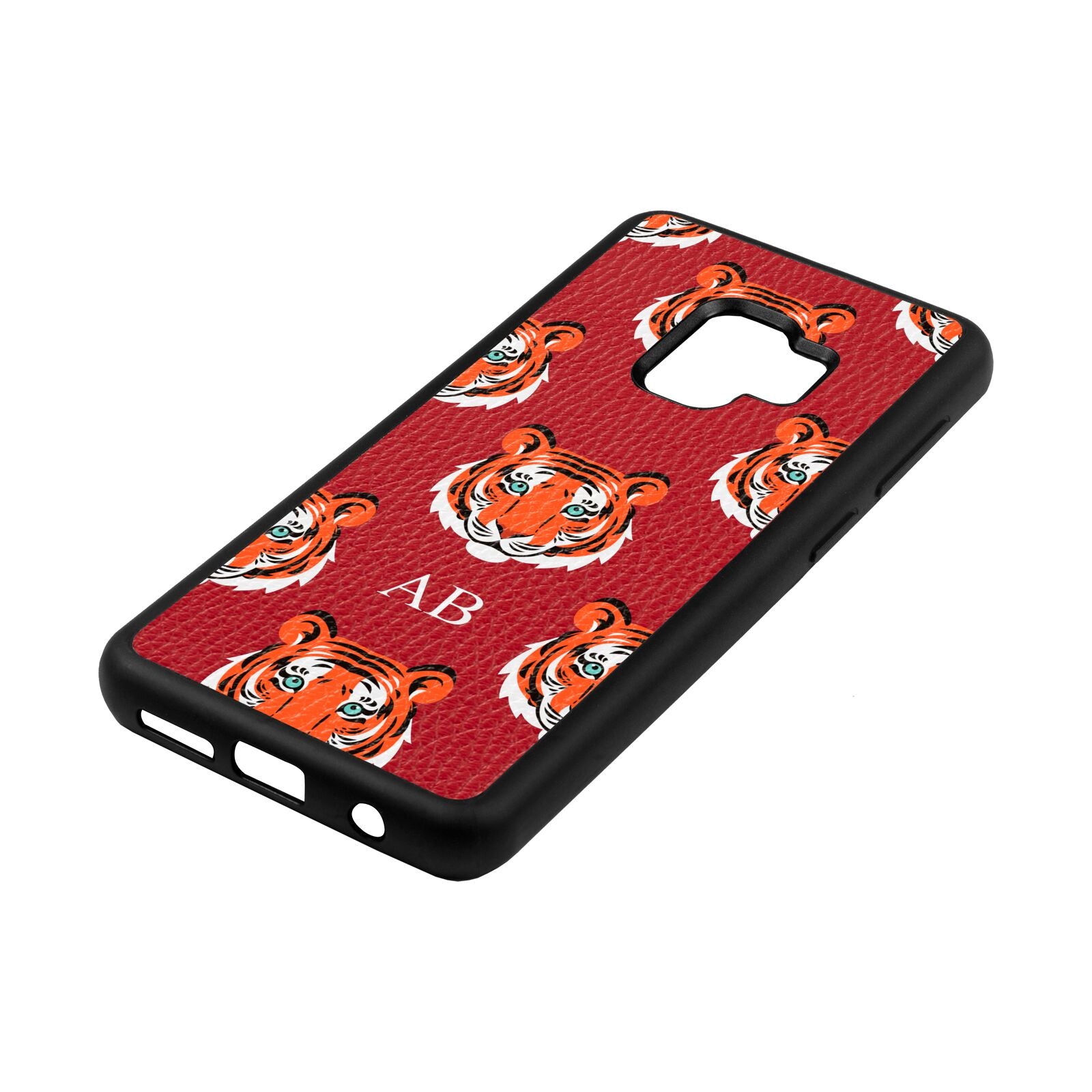 Personalised Tiger Head Red Pebble Leather Samsung S9 Case Side Angle