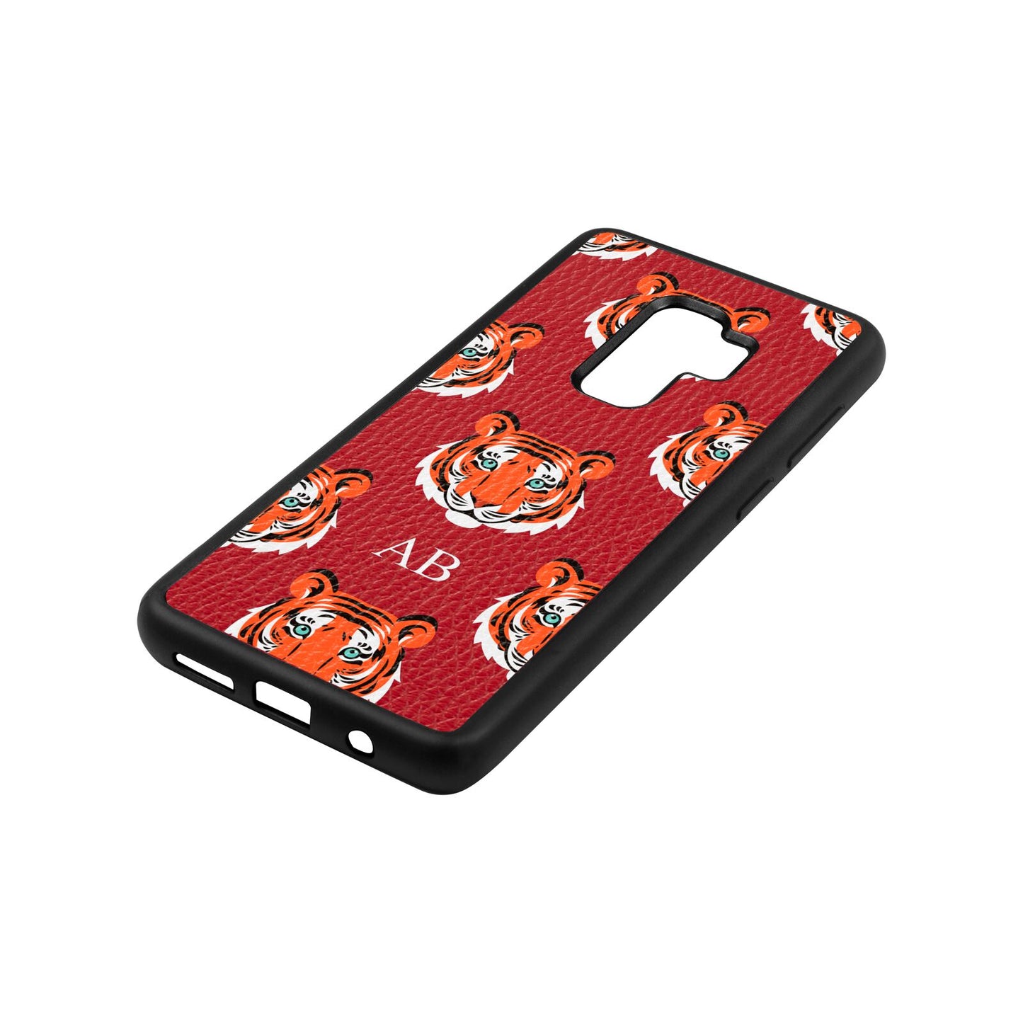 Personalised Tiger Head Red Pebble Leather Samsung S9 Plus Case Side Angle