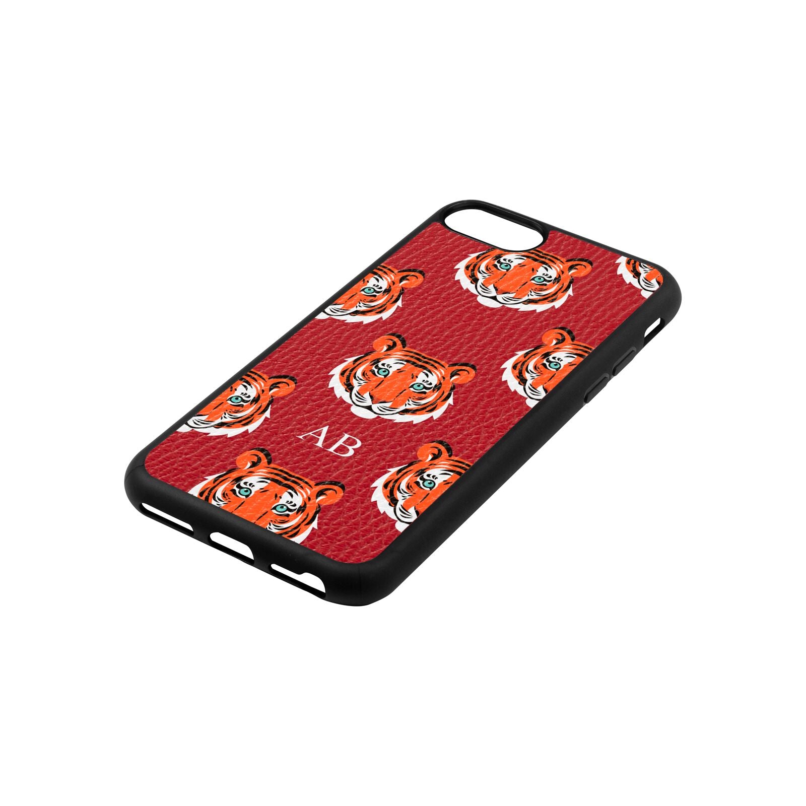 Personalised Tiger Head Red Pebble Leather iPhone 8 Case Side Angle