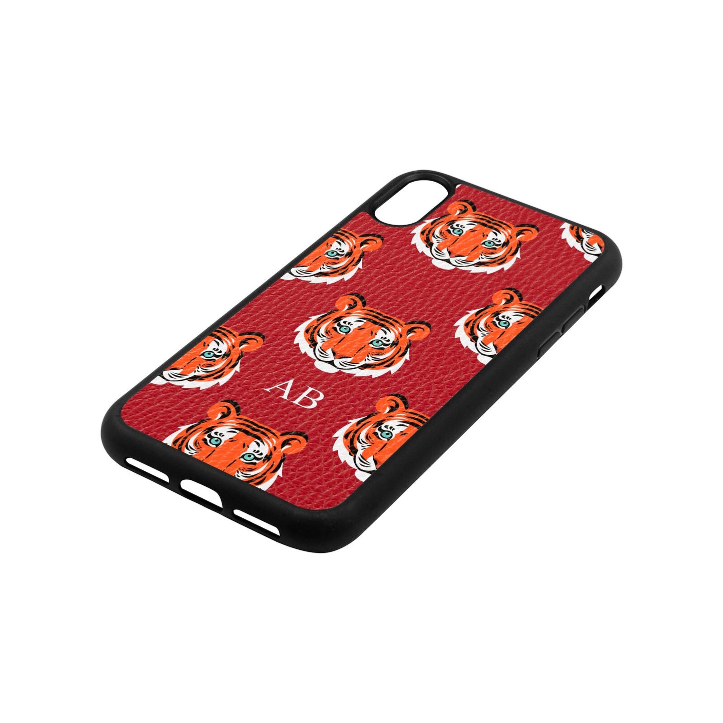 Personalised Tiger Head Red Pebble Leather iPhone Xr Case Side Angle