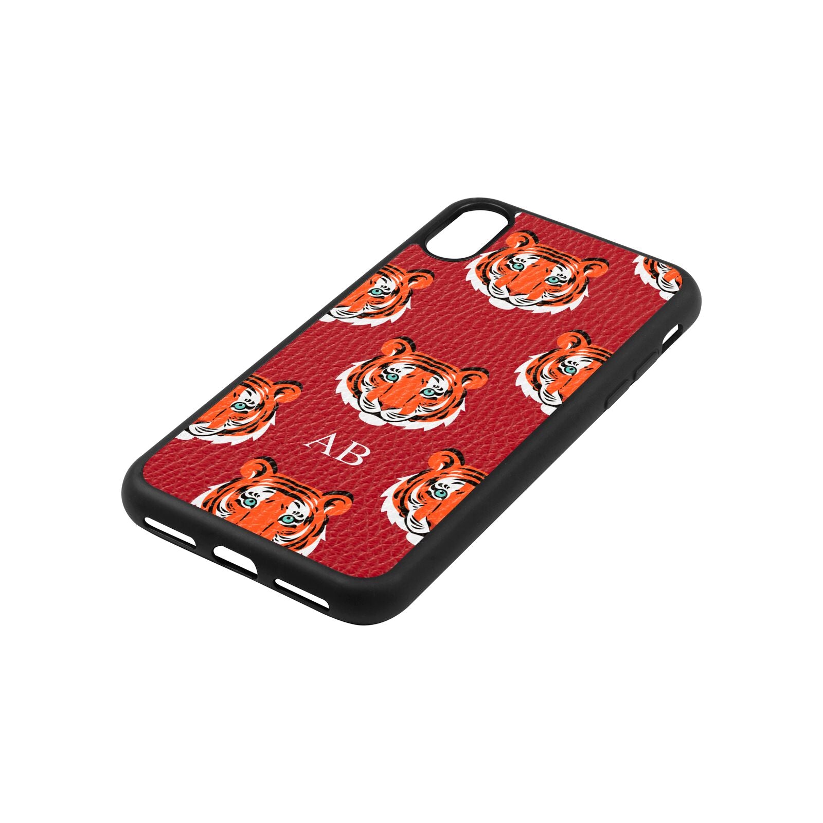 Personalised Tiger Head Red Pebble Leather iPhone Xs Case Side Angle