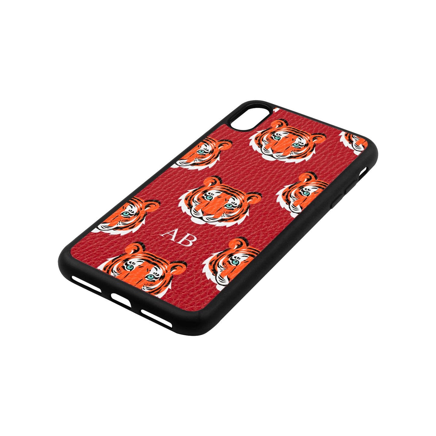 Personalised Tiger Head Red Pebble Leather iPhone Xs Max Case Side Angle