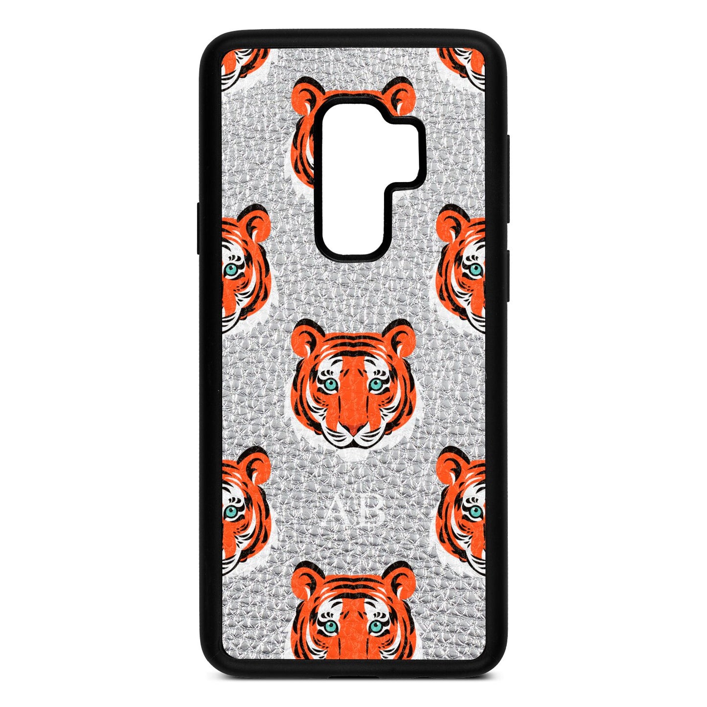 Personalised Tiger Head Silver Pebble Leather Samsung S9 Plus Case