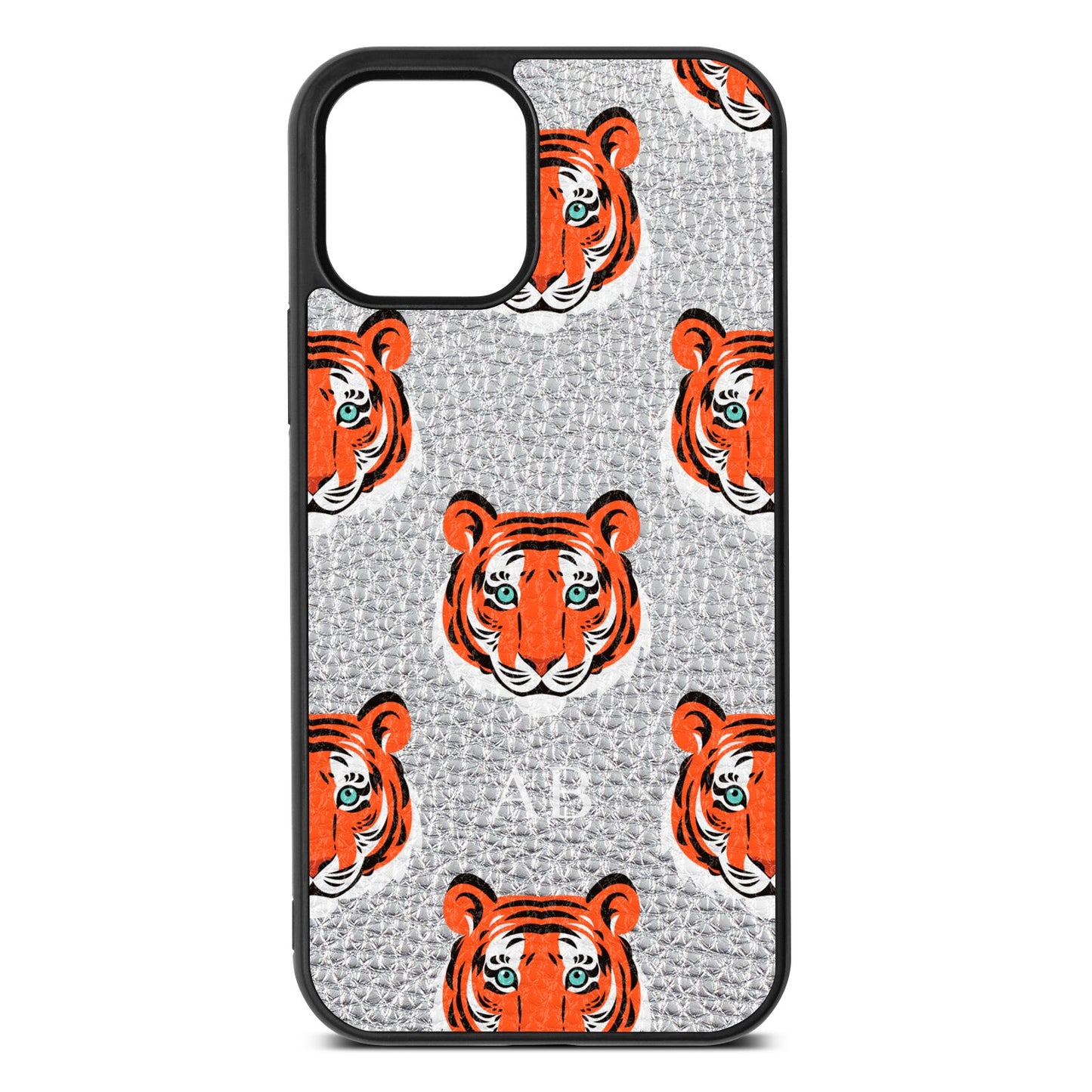 Personalised Tiger Head Silver Pebble Leather iPhone 12 Case