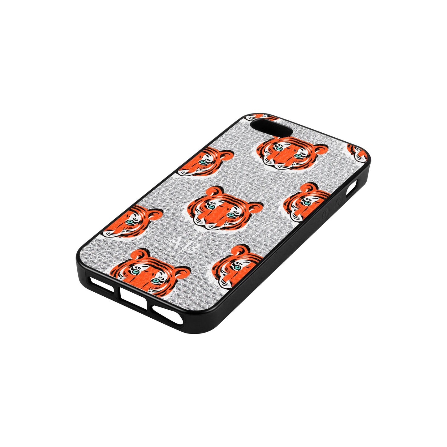 Personalised Tiger Head Silver Pebble Leather iPhone 5 Case Side Angle