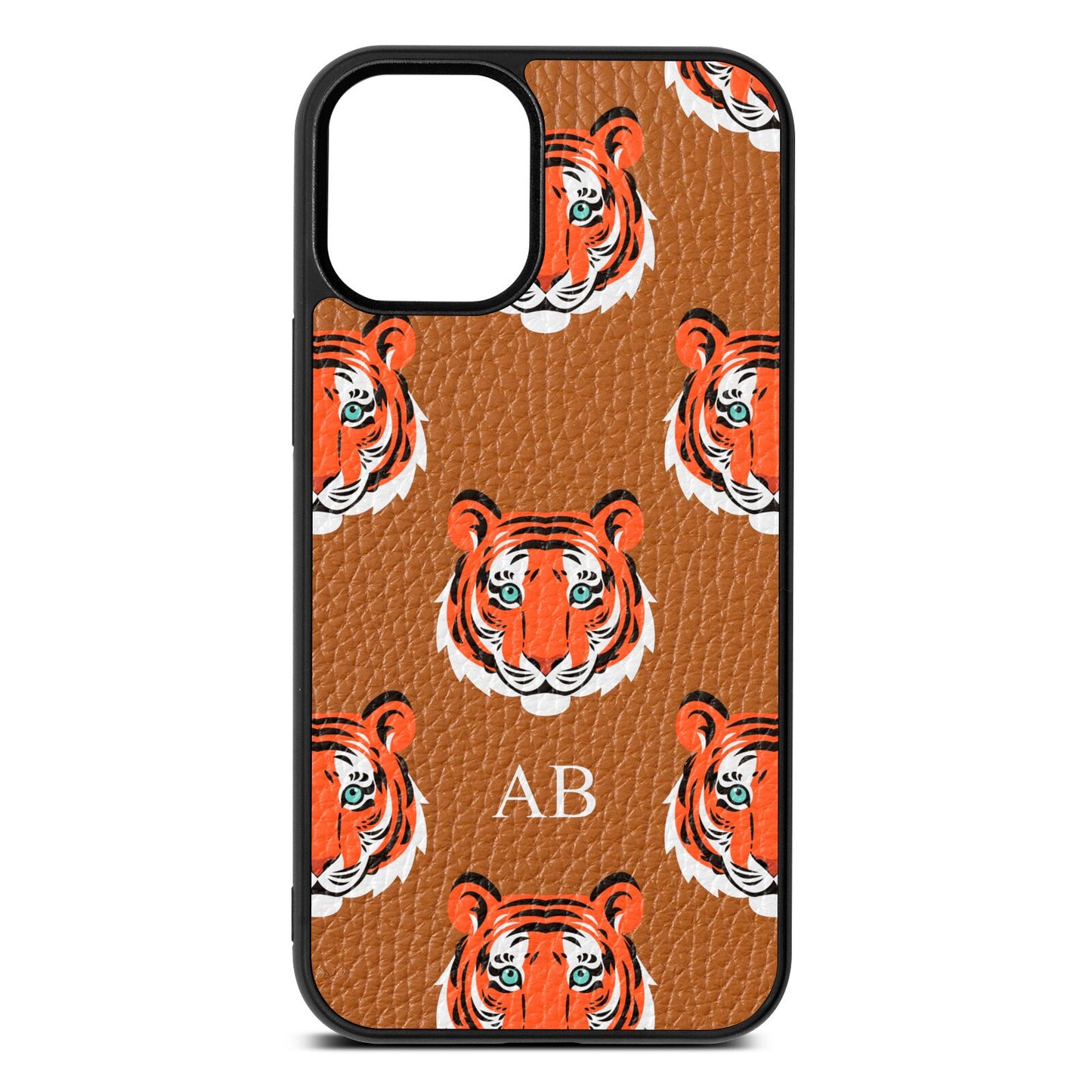 Personalised Tiger Head Tan Pebble Leather iPhone 12 Mini Case