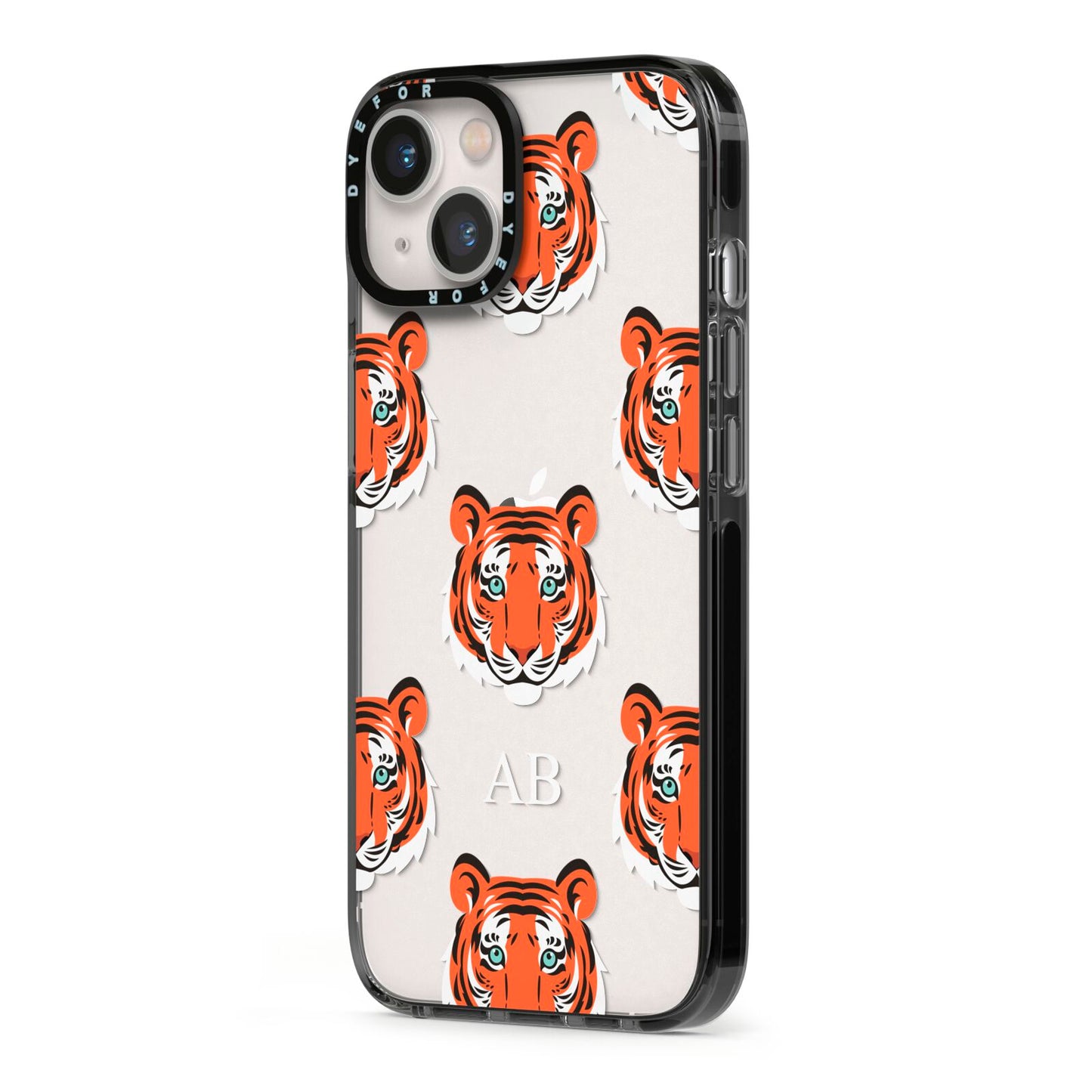 Personalised Tiger Head iPhone 13 Black Impact Case Side Angle on Silver phone