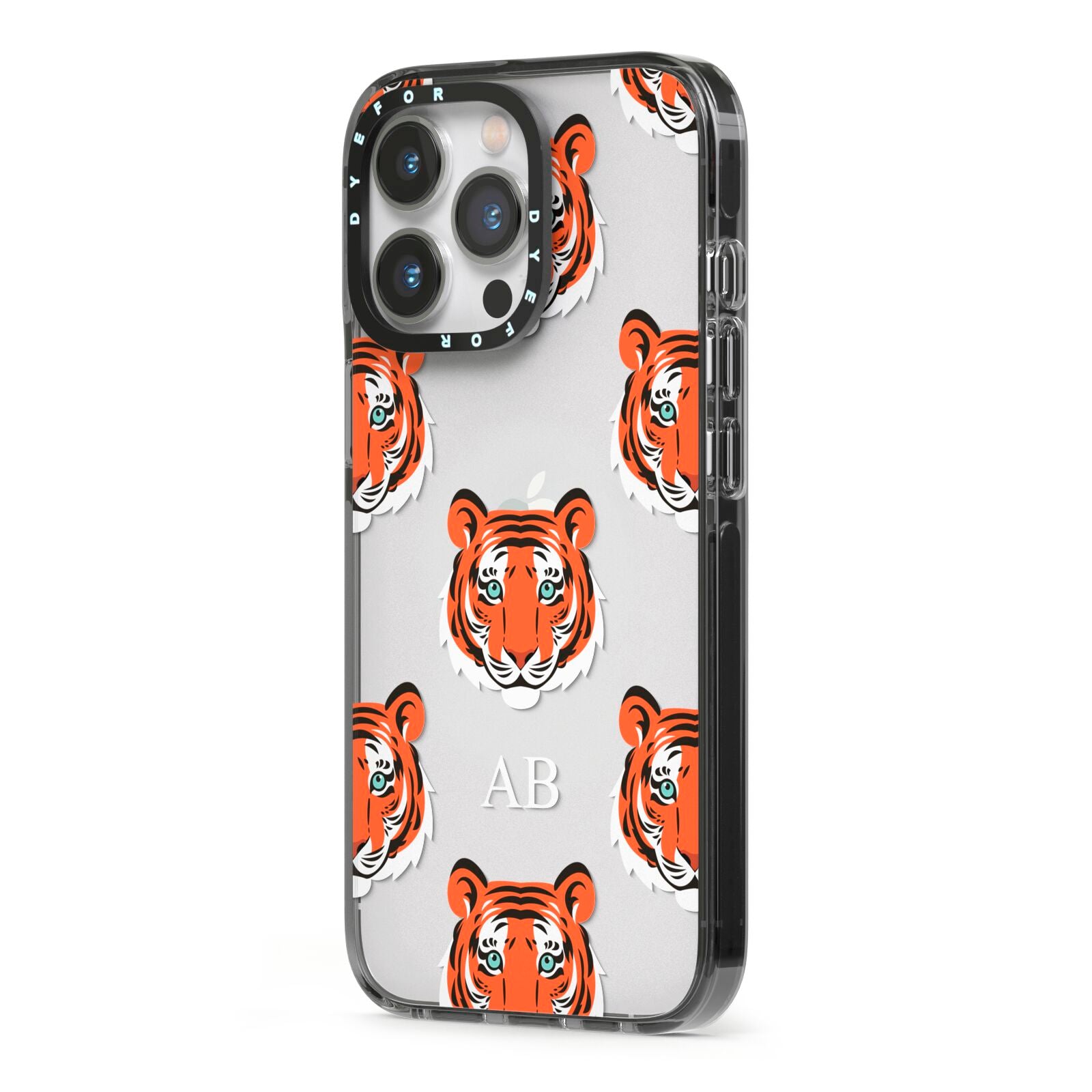 Personalised Tiger Head iPhone 13 Pro Black Impact Case Side Angle on Silver phone