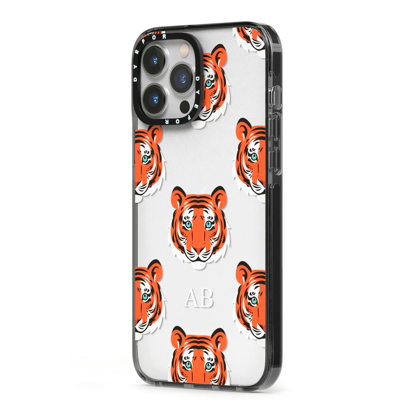 Personalised Tiger Head iPhone 13 Pro Max Black Impact Case Side Angle on Silver phone