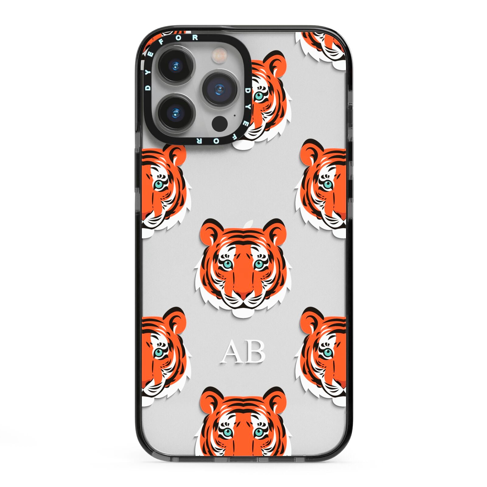 Personalised Tiger Head iPhone 13 Pro Max Black Impact Case on Silver phone