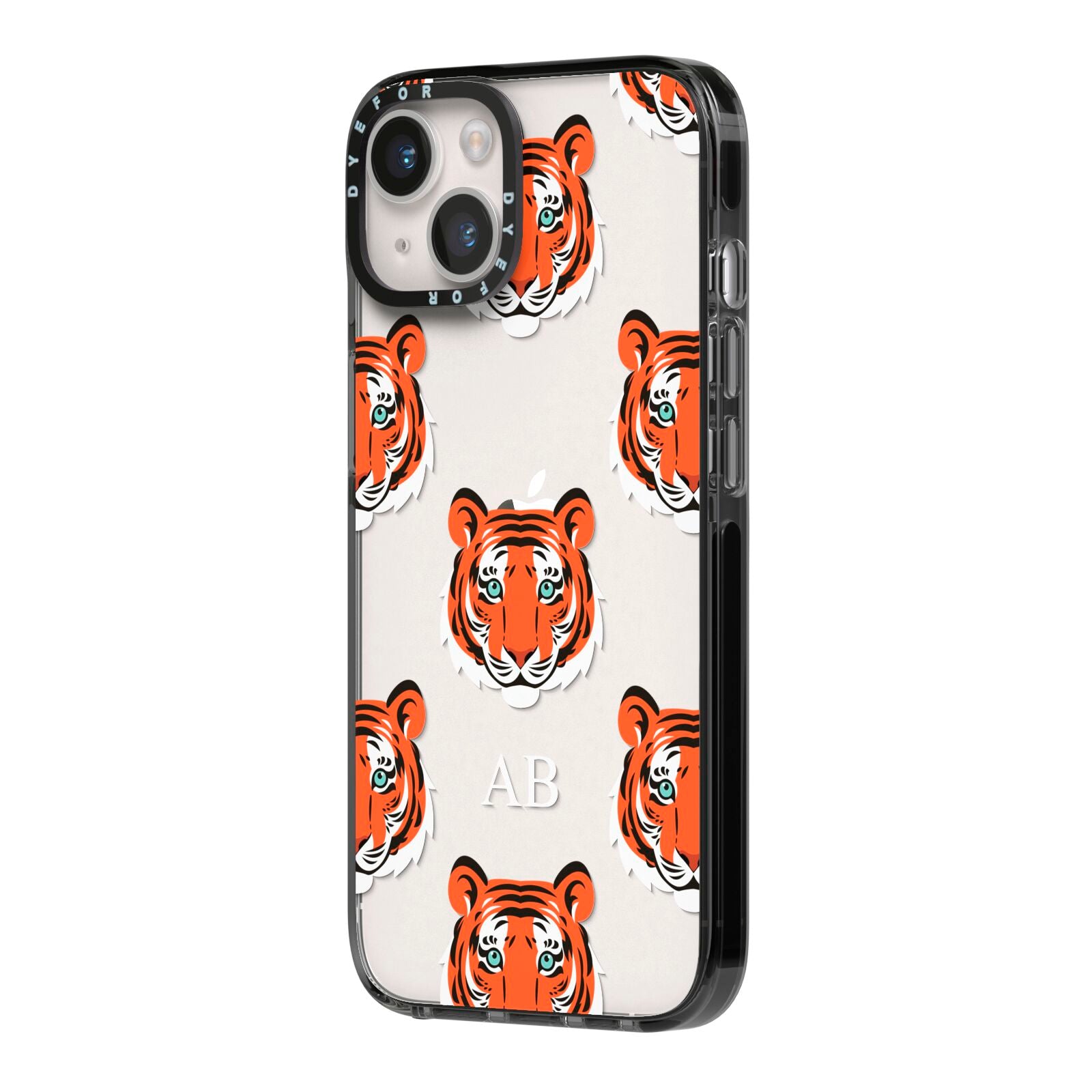 Personalised Tiger Head iPhone 14 Black Impact Case Side Angle on Silver phone